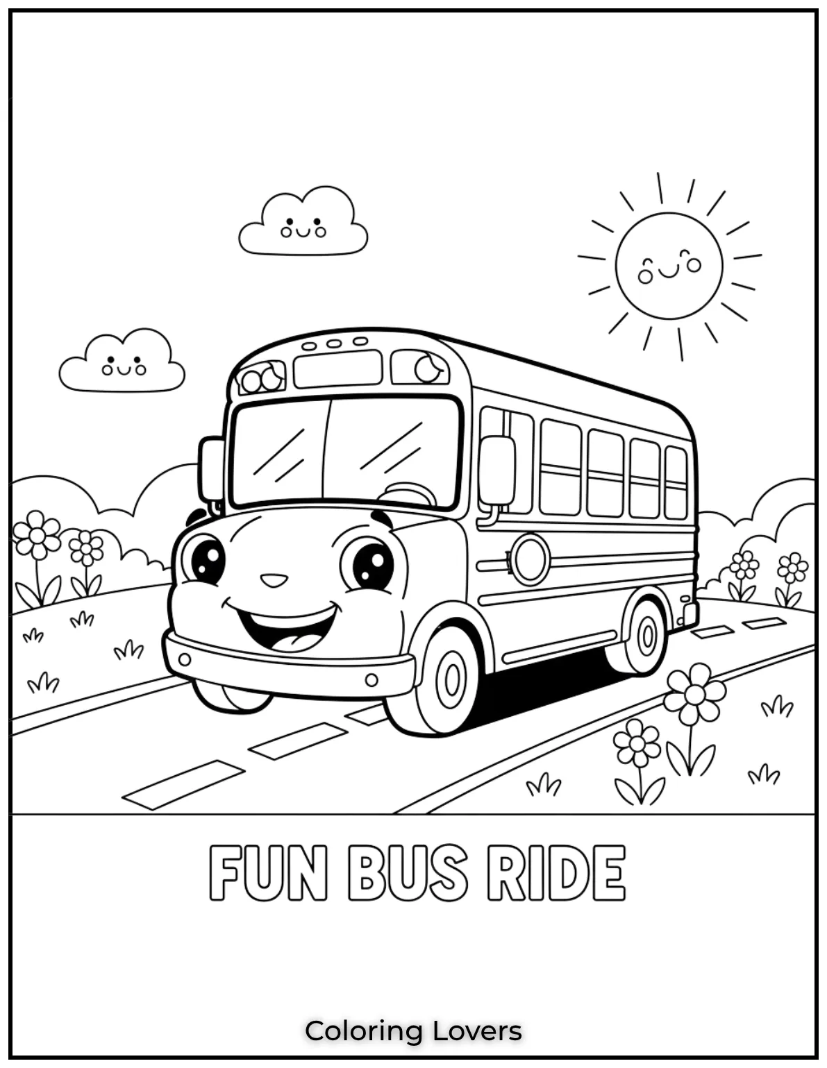 A cheerful bus with big bright eyes is ready to take passengers on a fun ride. Perfect for a preschool learning activity