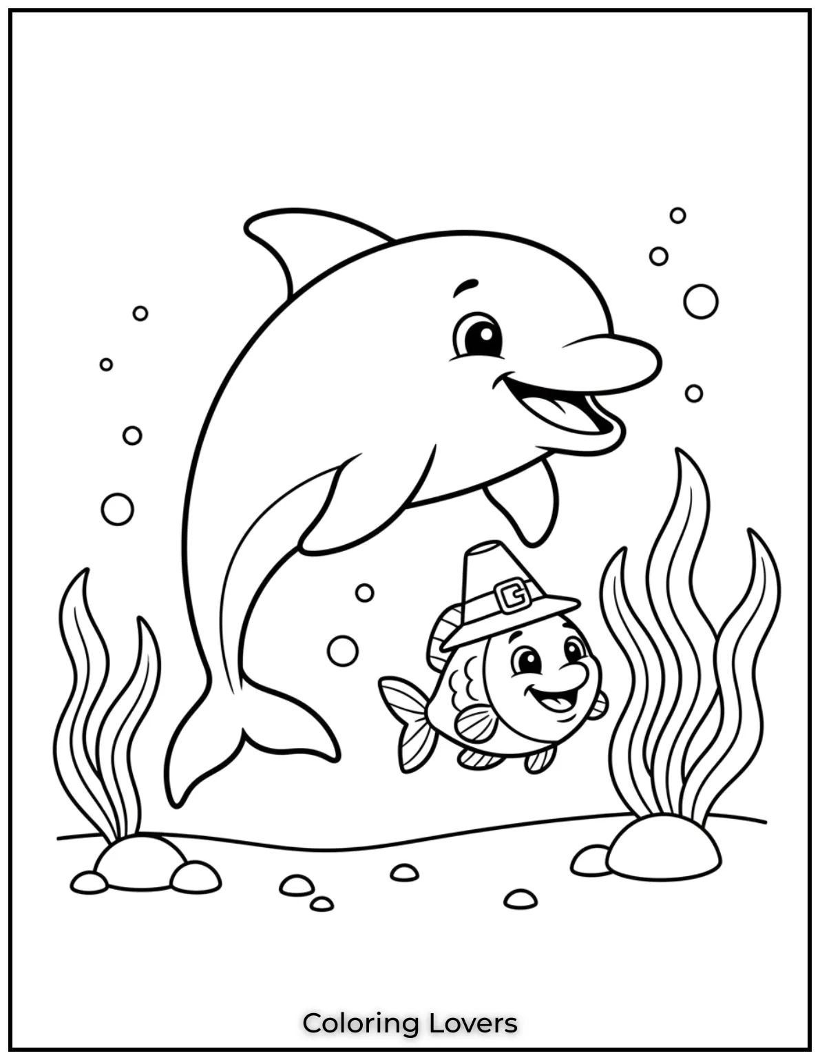 Fish Coloring Pages That Are Free to Downloads 30 A cheerful dolphin swims with a smiling little fish by its side. Their playful expressions make this scene extra fun to color