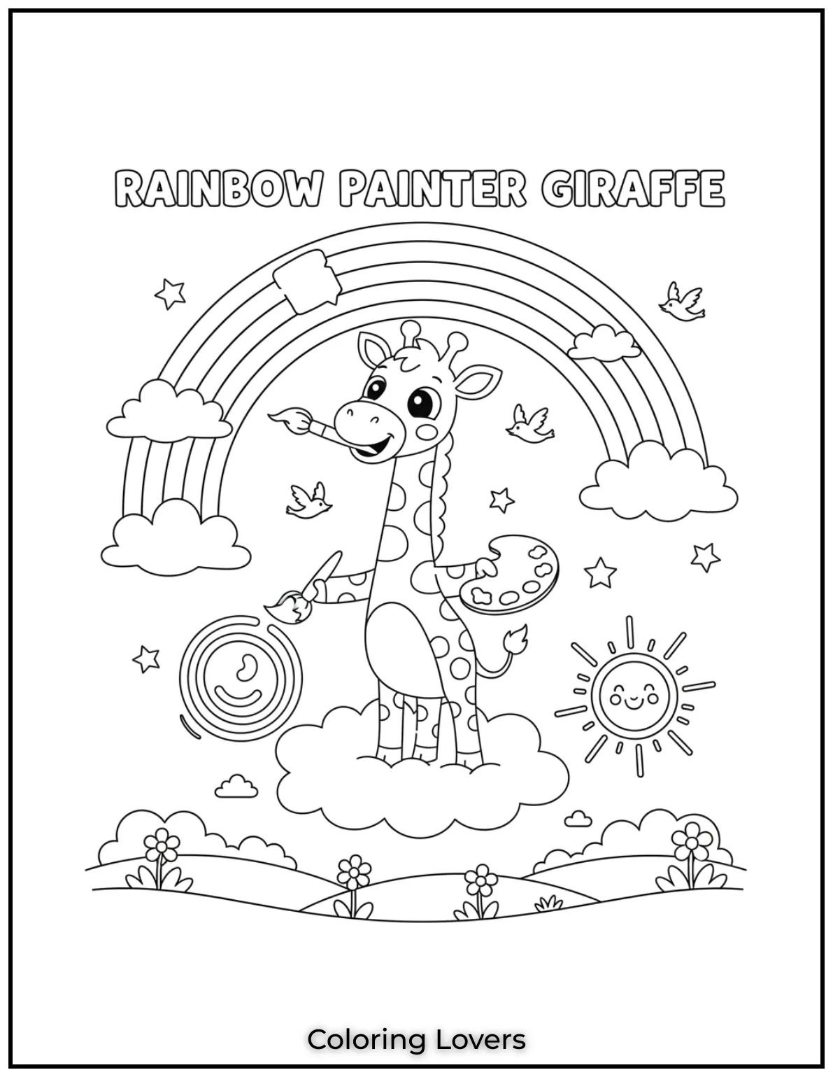 Amazing Giraffe Coloring Pages (Free Printables) 35 A cheerful giraffe paints a bright rainbow across the sky inspiring children with a Cute Coloring Idea