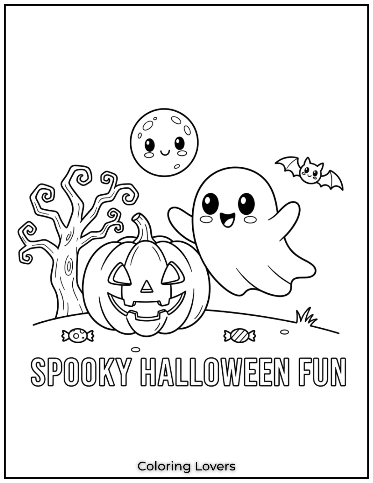 A cheerful jack o lantern and a friendly ghost make Halloween extra fun. Perfect for preschool spooky coloring