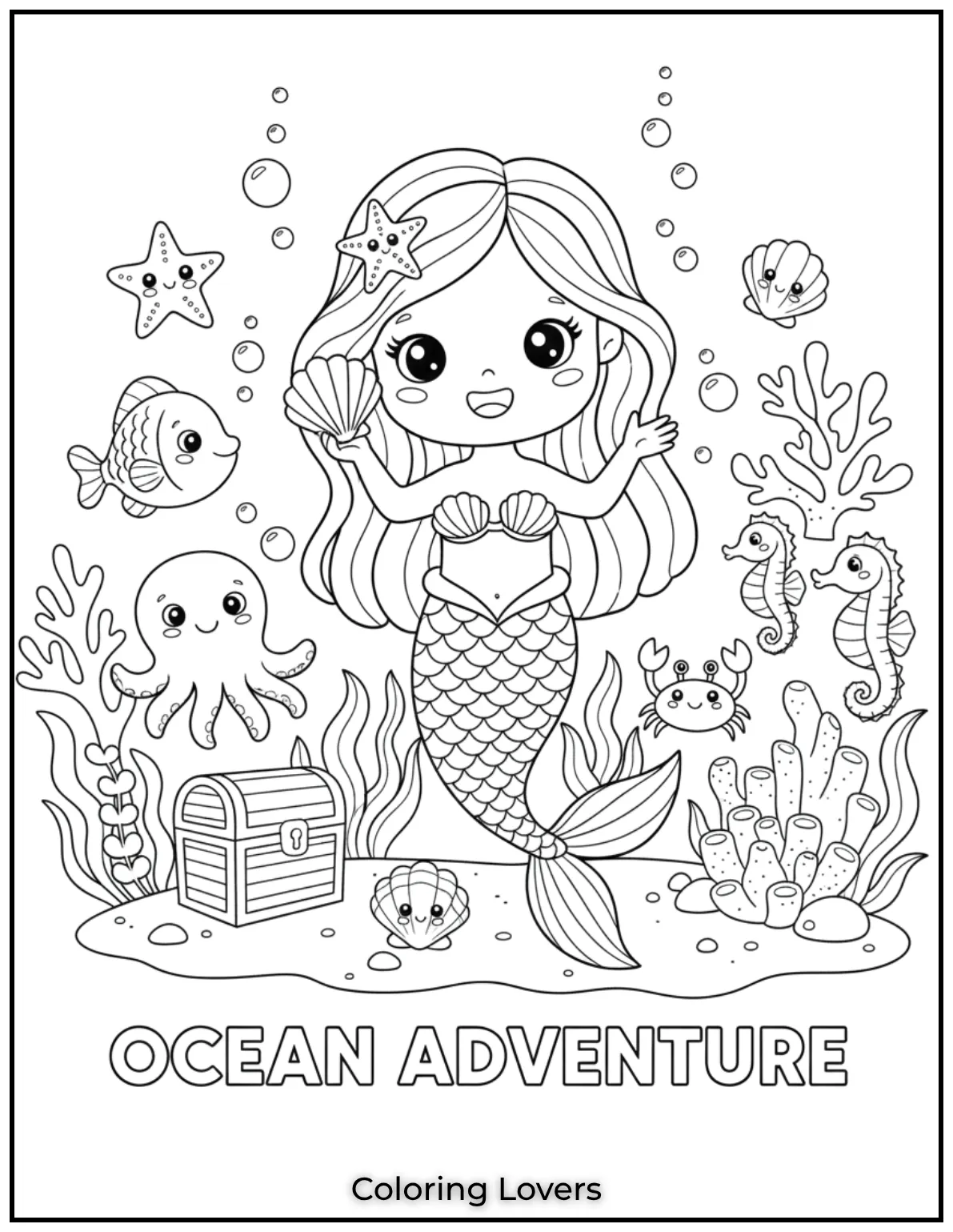 A cheerful little mermaid holding a seashell ready for an underwater adventure. Kids will love adding ocean colors