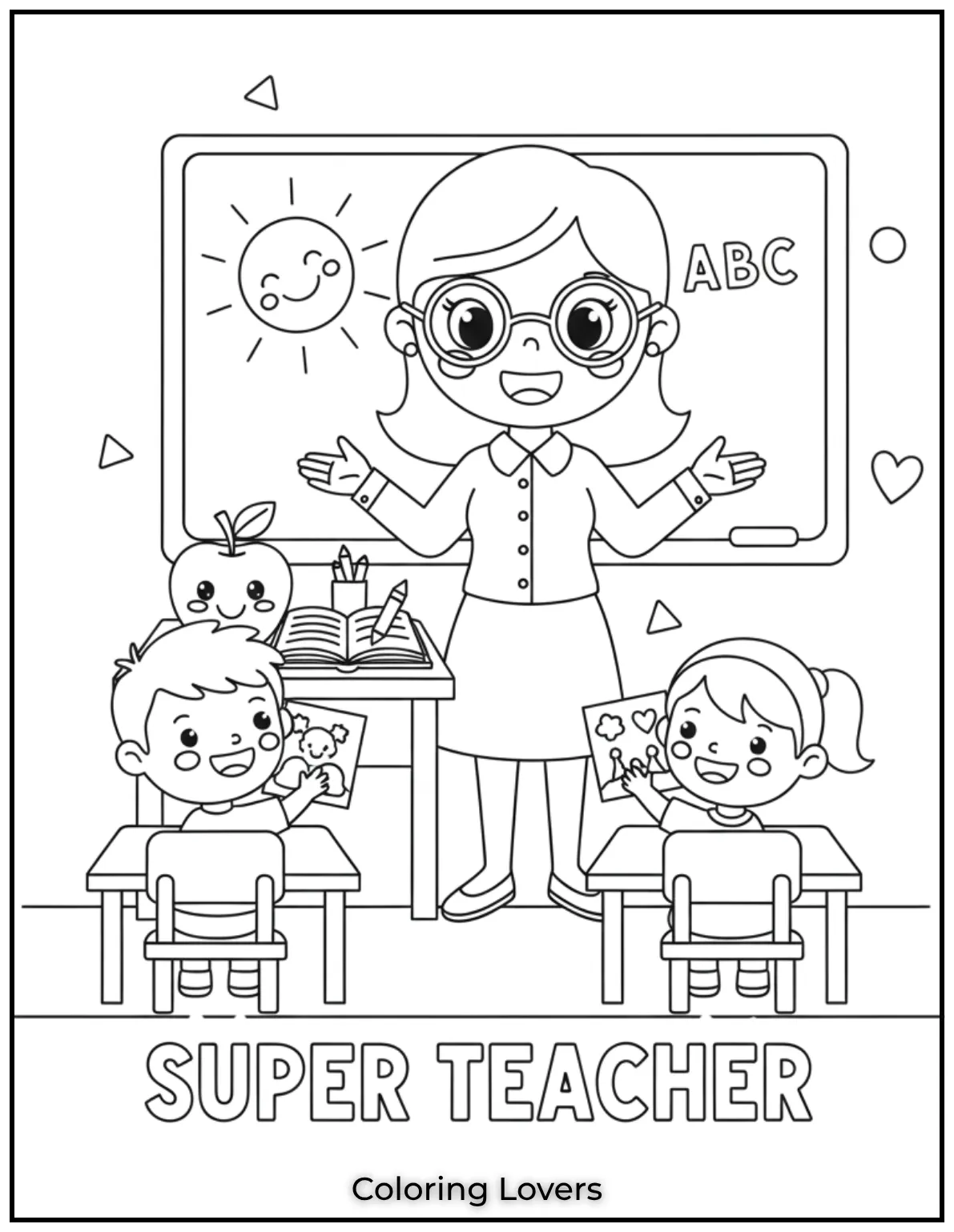 A cheerful teacher ready to inspire young minds. This preschool friendly design is great for little learners