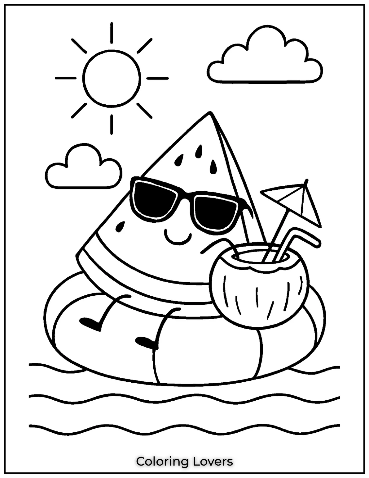 Summer Coloring Pages for Kids and Adults 15 A chill watermelon floats with a coconut drink under the summer sky