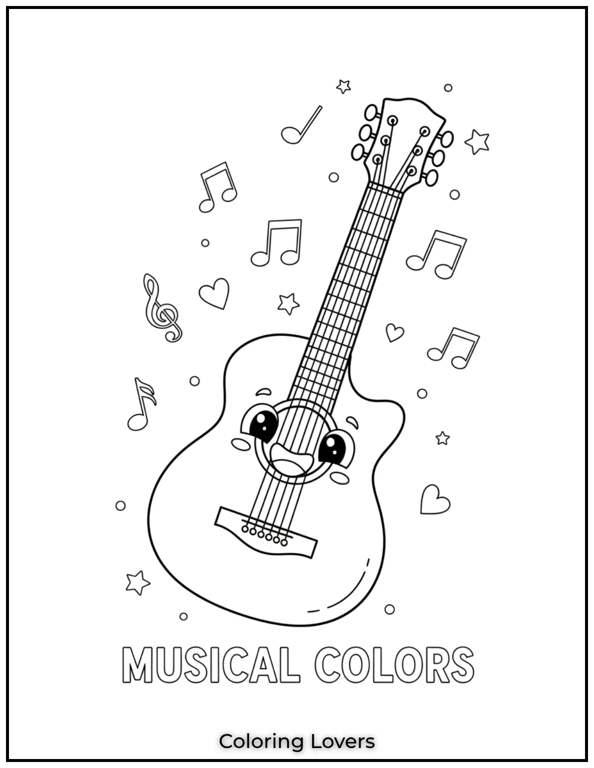 A classic guitar with beautiful curves and strings ready to make music. Preschoolers can color and imagine playing