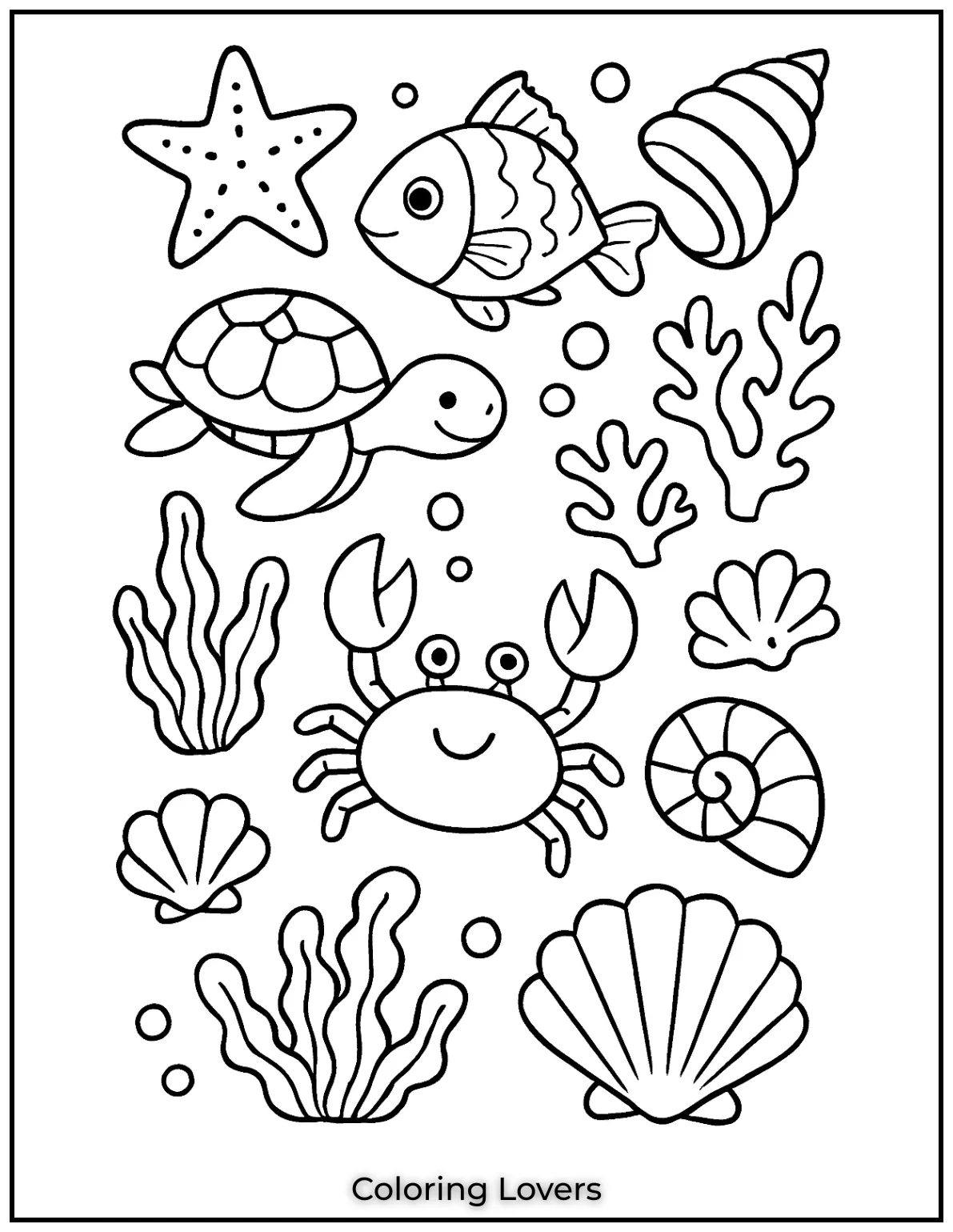 Summer Coloring Pages for Kids and Adults 14 A collection of ocean themed objects ready to be colored