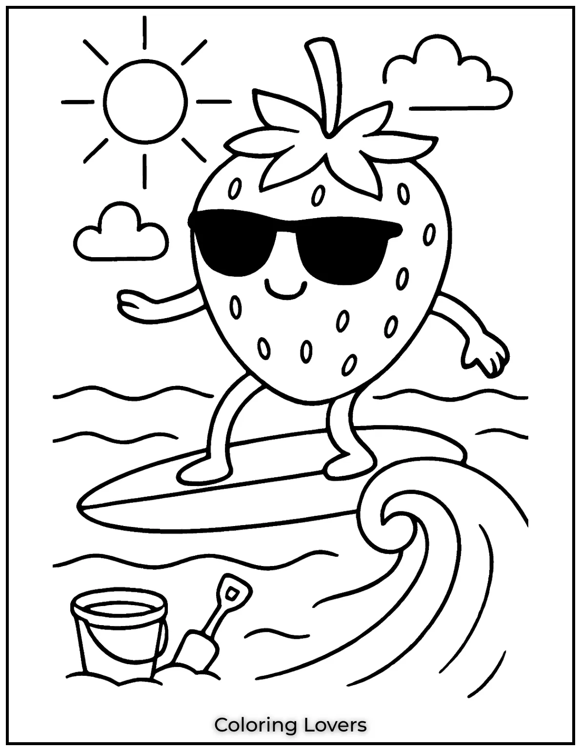 Summer Coloring Pages for Kids and Adults 17 A cool strawberry rides the waves under the shining sun