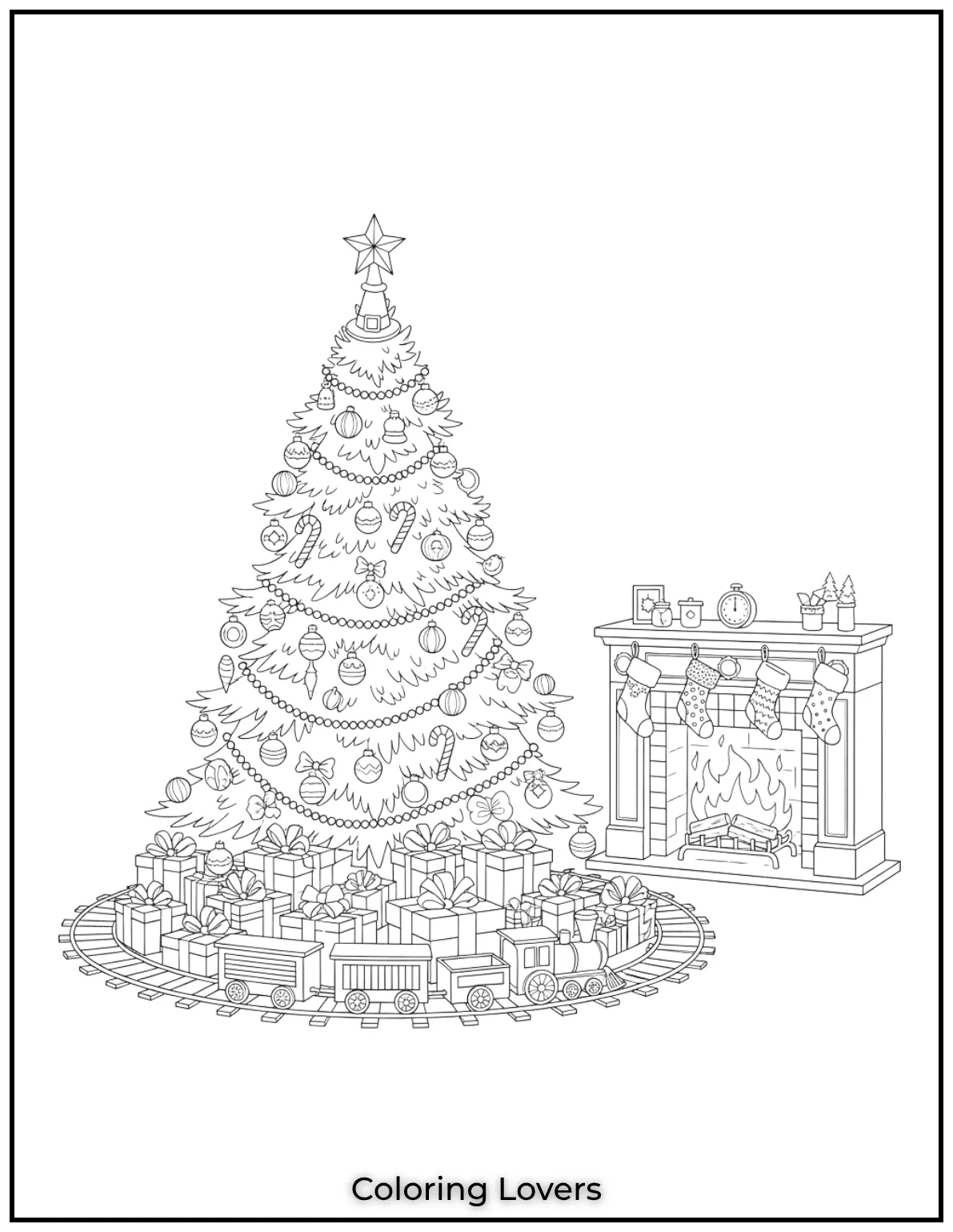 Free Printable Christmas Tree Coloring Pages 29 A cozy Christmas morning scene with stockings by the fire and a toy train circling the tree