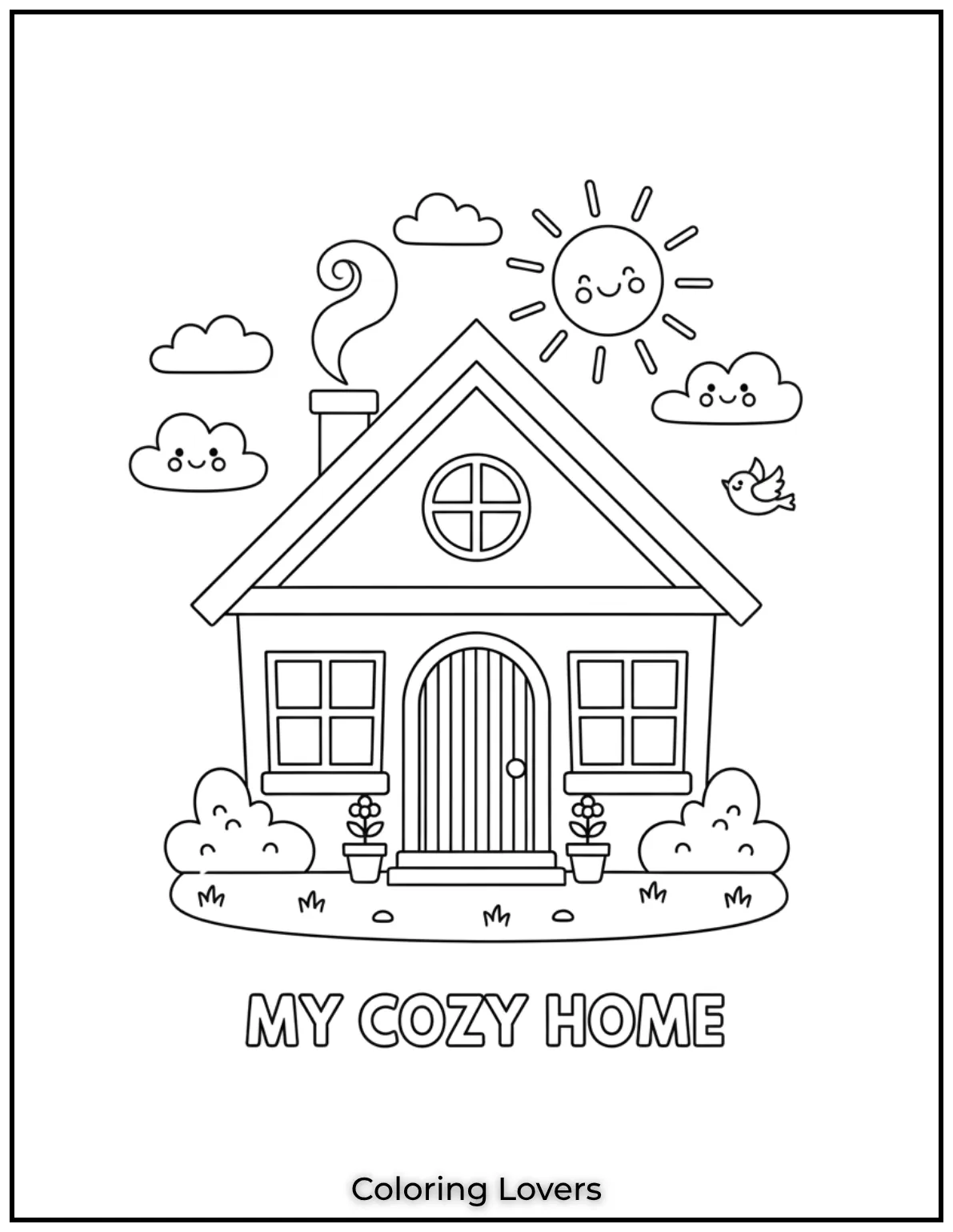 A cozy little house with windows a chimney and a welcoming door. A great preschool friendly design to color