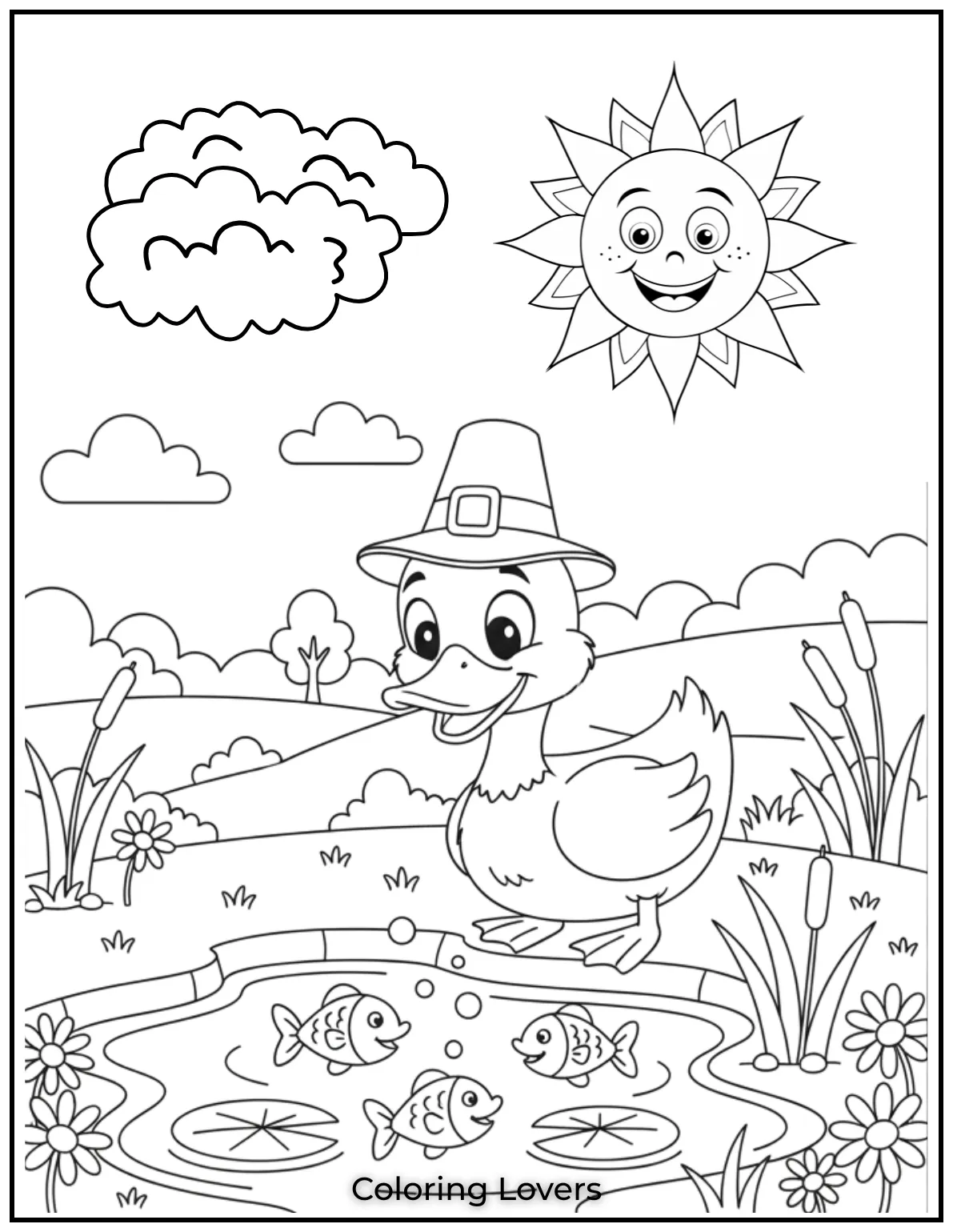 Duck Coloring Pages That Kids Like the Most 33 A curious duck watches the fish in the pond. Kids will love adding color to this playful scene