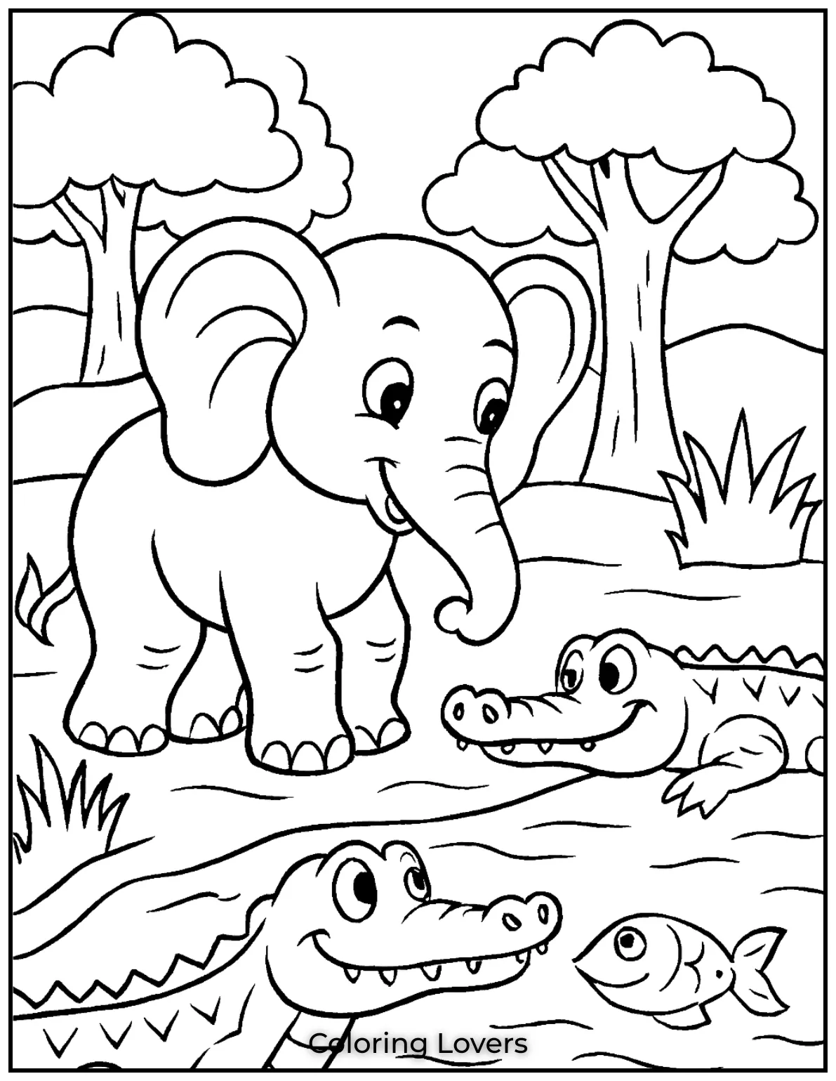 Unique Elephant Coloring Pages for Kids 28 A curious elephant near crocodiles by the water. This scene is perfect for coloring with a bit of adventure 1