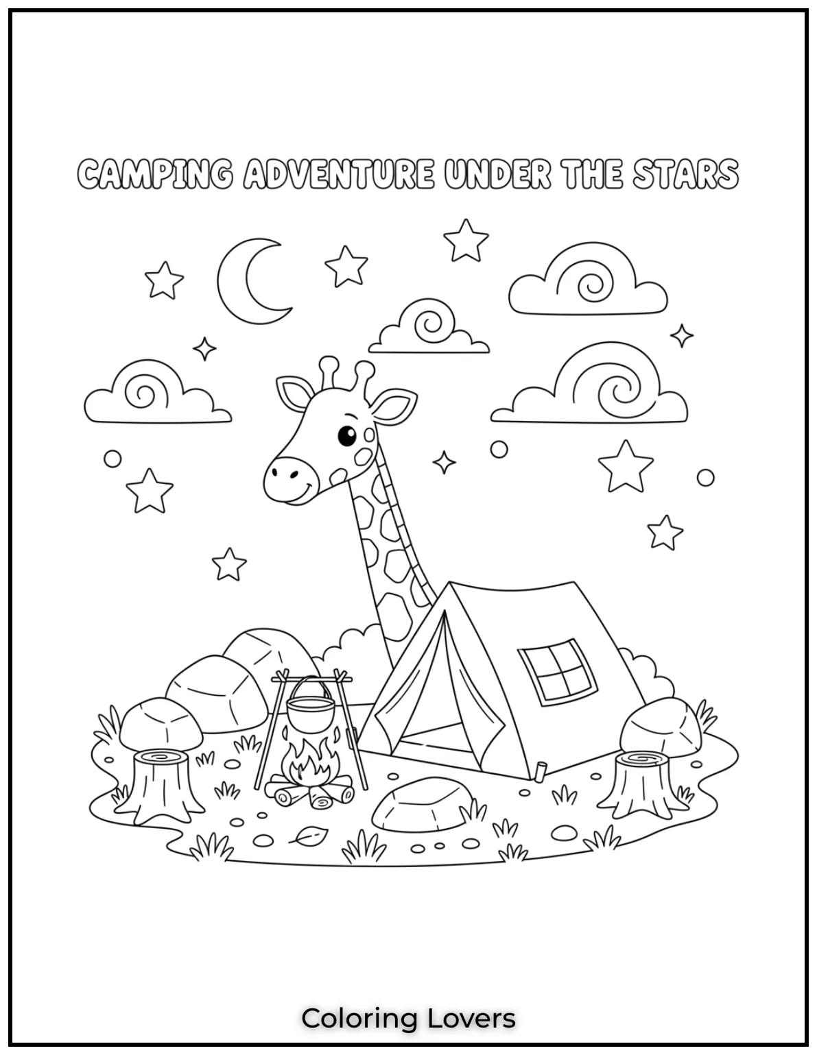 Amazing Giraffe Coloring Pages (Free Printables) 34 A curious giraffe enjoys camping under twinkling stars giving kids a fun and adorable Coloring Pages adventure