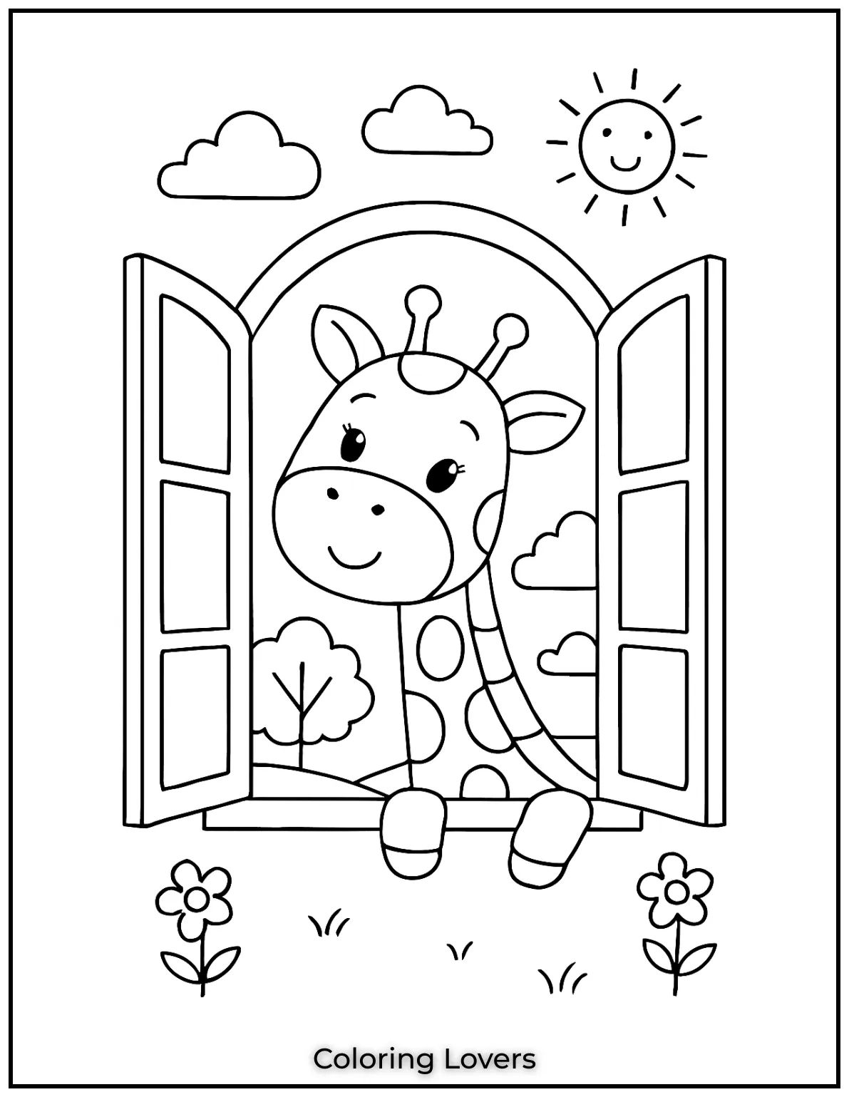 Amazing Giraffe Coloring Pages (Free Printables) 9 A curious giraffe peeks out from behind the window. Its like hes saying hello just waiting for some color