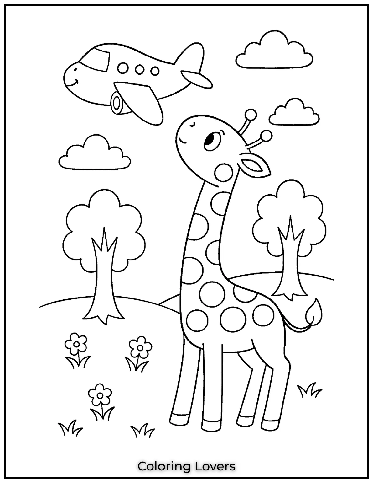 Amazing Giraffe Coloring Pages (Free Printables) 26 A curious giraffe watches as an airplane flies by overhead. A unique and creative coloring page full of imagination