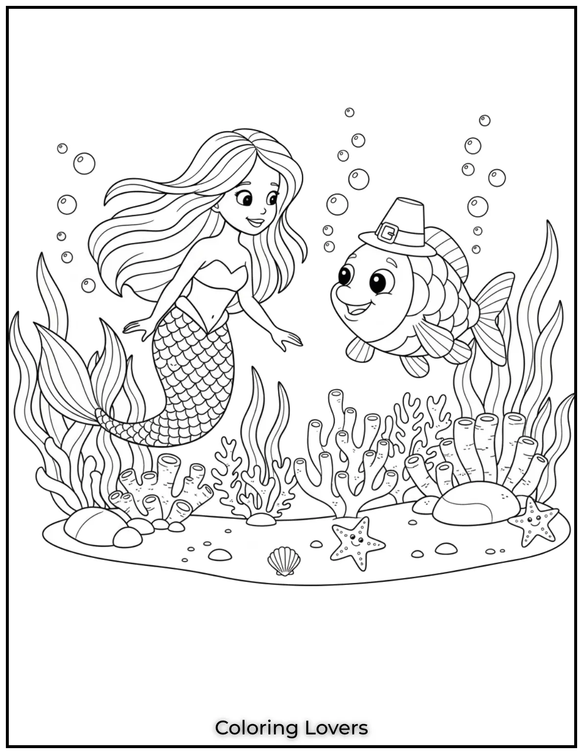 Fish Coloring Pages That Are Free to Downloads 38 A curious mermaid swims close to a fish among corals. This underwater duo brings magic to coloring time