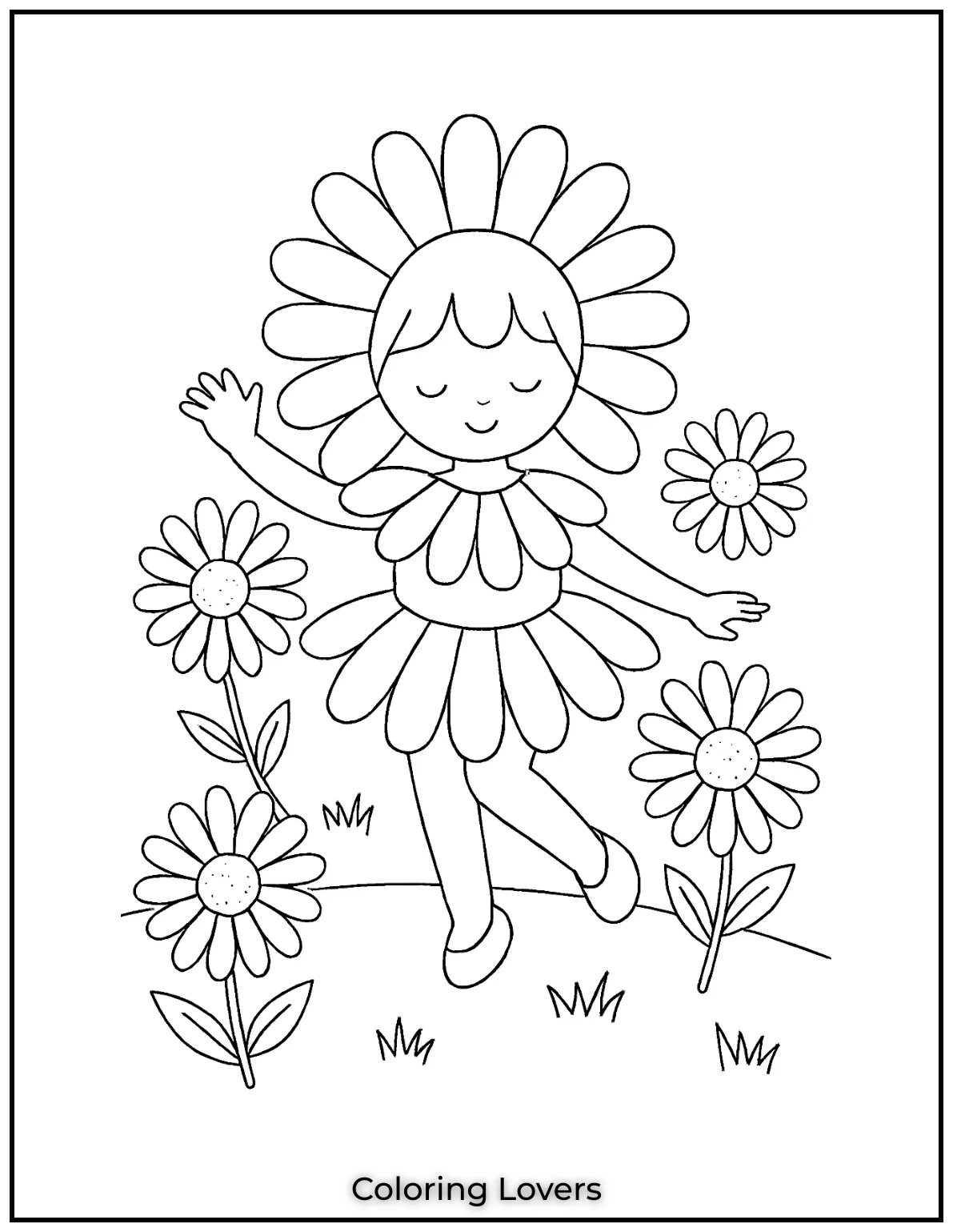 A cute girl dressed as a daisy twirls among blooming flowers. This magical garden moment invites creative coloring