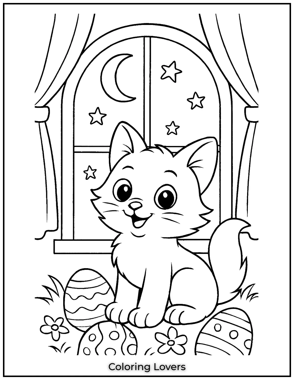 Kitten Coloring Pages – Free, Fun for Kids 28 A cute kitten sitting by the window with stars in the night sky 1