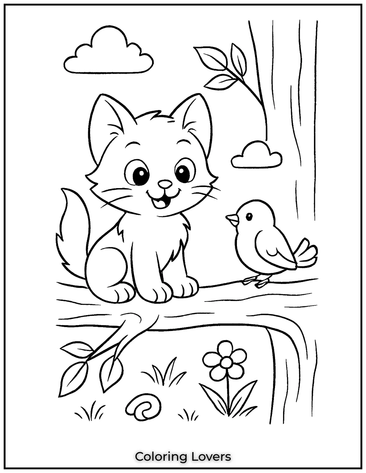 Kitten Coloring Pages – Free, Fun for Kids 20 A cute kitten sitting on a tree branch with a bird nearby in this fun coloring sheet 1