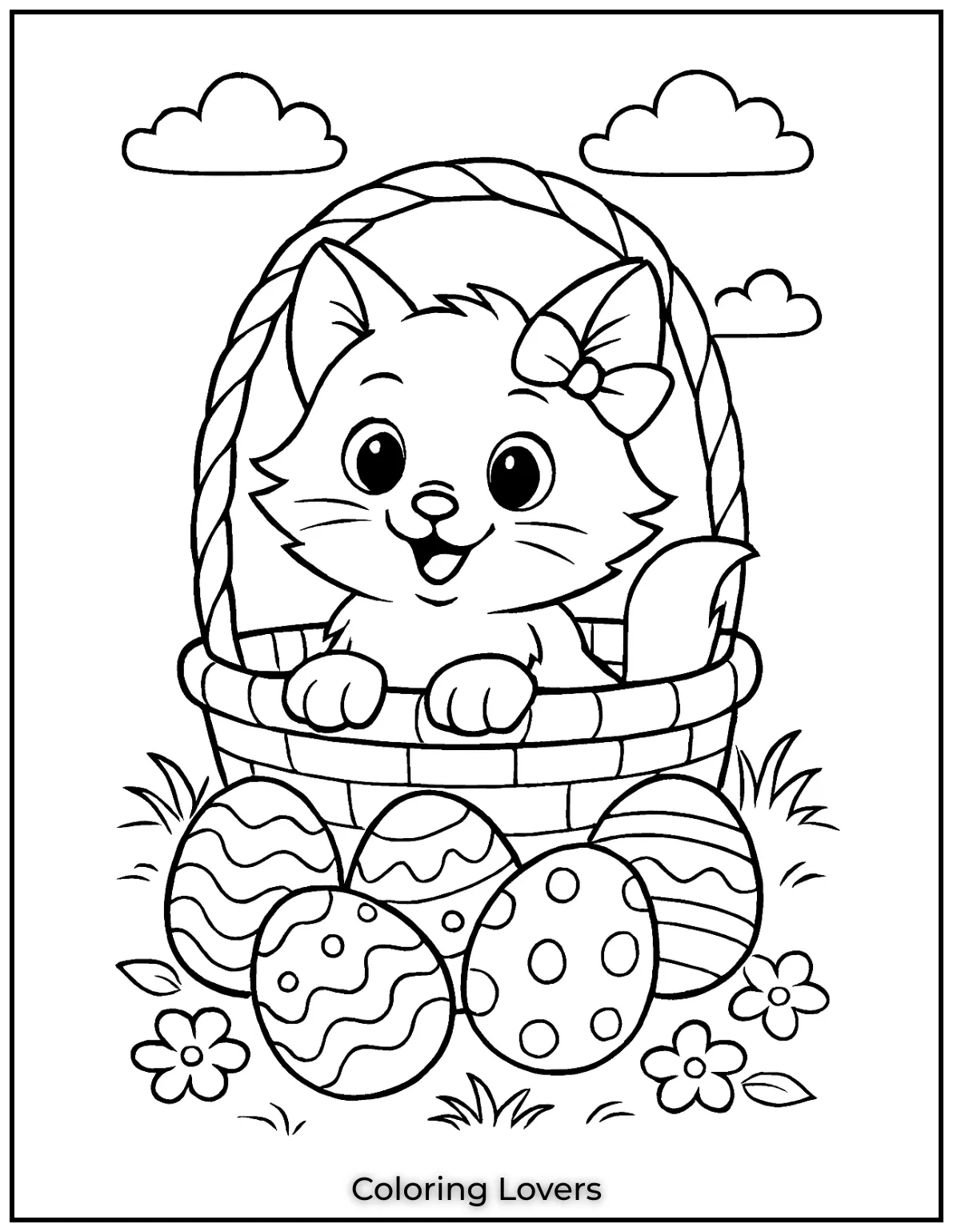 Kitten Coloring Pages – Free, Fun for Kids 27 A cute kitten with a bow sitting in an Easter basket surrounded by decorated eggs in this festive scene 1