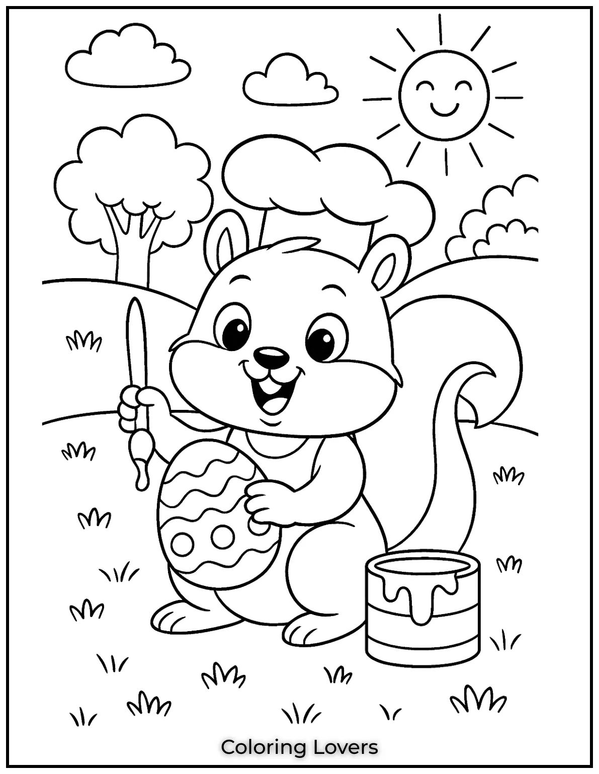 A cute squirrel is painting bright patterns on an Easter egg. I created this to bring some festive joy to your holiday fun
