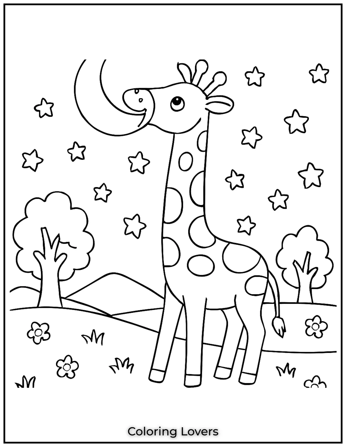 Amazing Giraffe Coloring Pages (Free Printables) 15 A dreamy giraffe tries to reach the moon under a sky full of stars. Kids will love coloring this magical nighttime scene