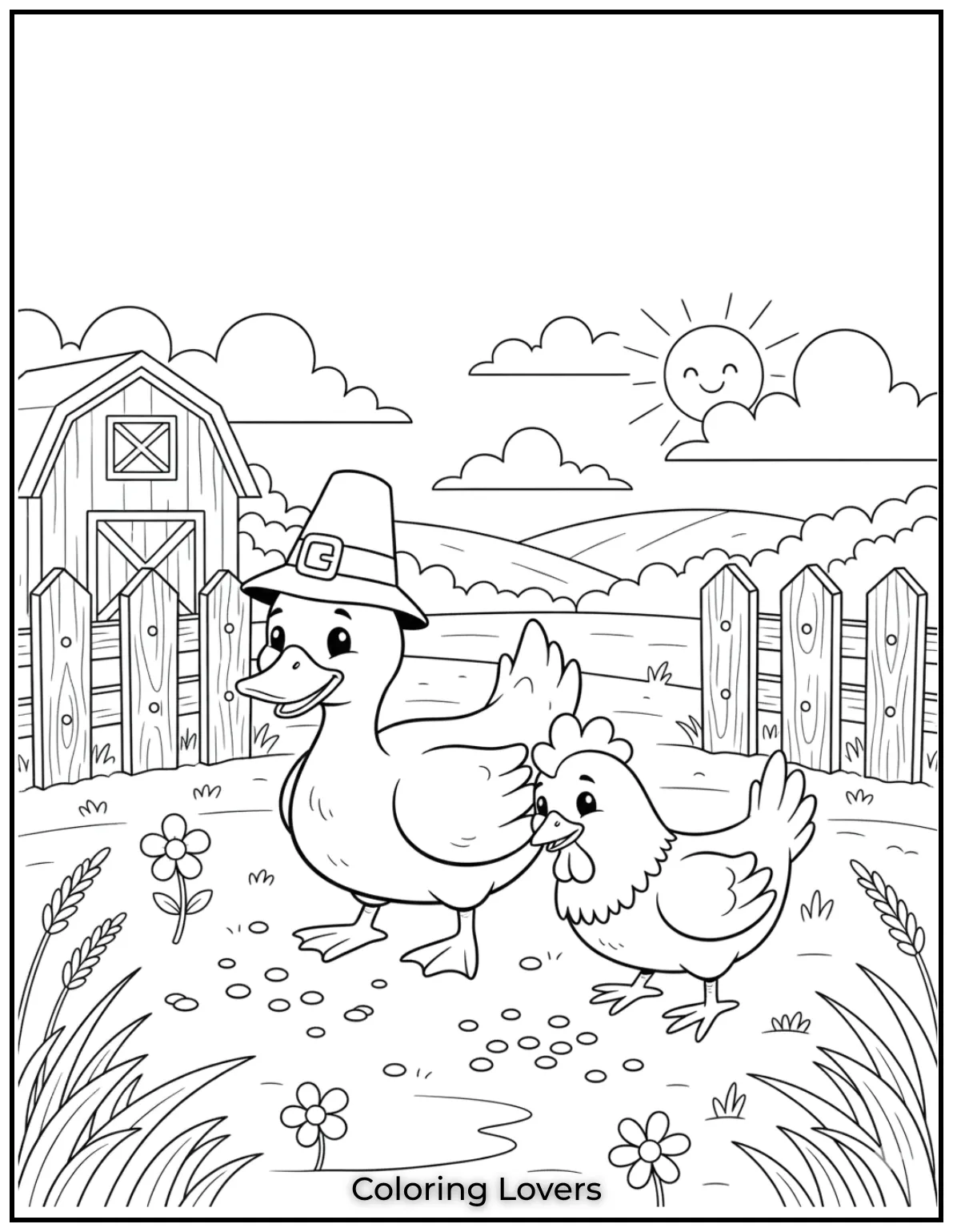 Duck Coloring Pages That Kids Like the Most 30 A duck and a chicken pecking at seeds together. What a peaceful farm scene for kids to color