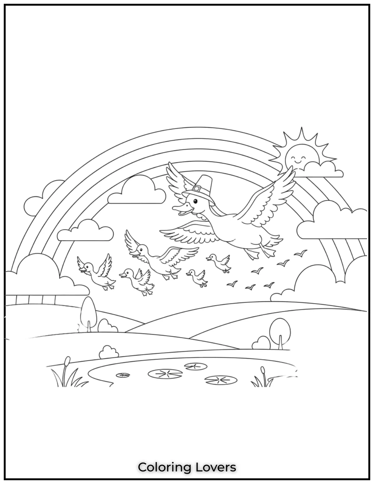 Duck Coloring Pages That Kids Like the Most 35 A family of ducks soaring under a rainbow