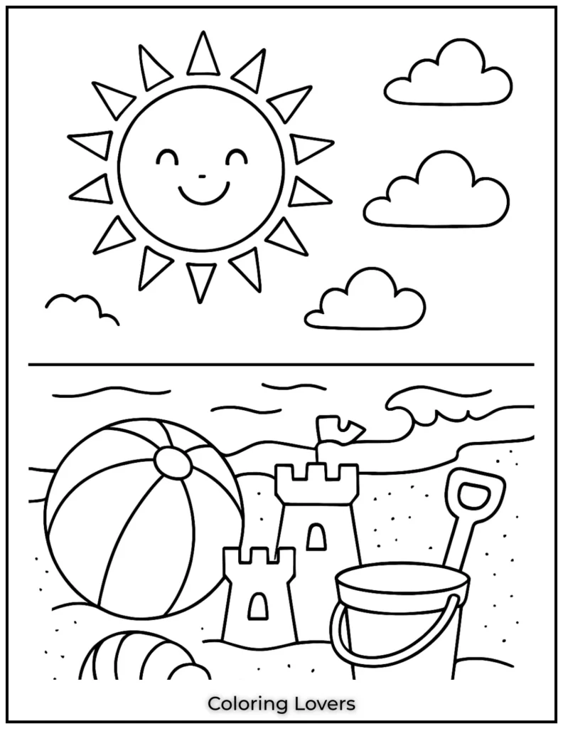 A fun beach scene with a smiling sun and classic summer toys A fun beach scene with a smiling sun and classic summer toys
