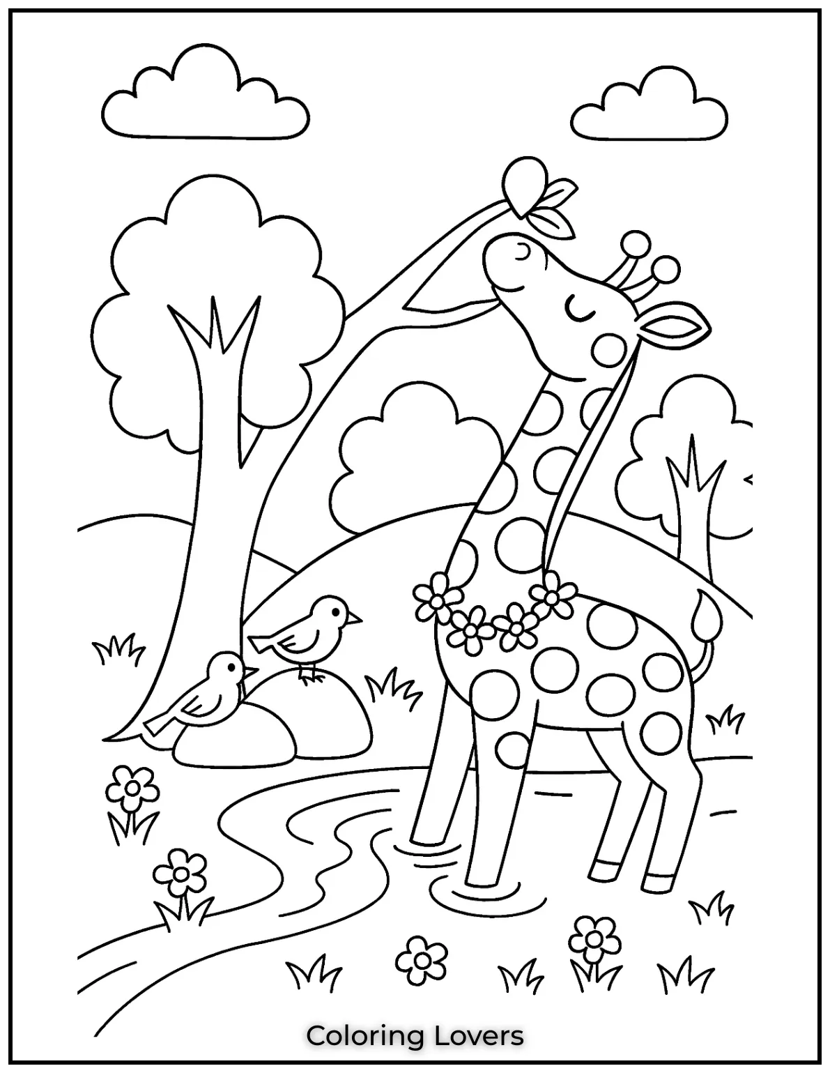 Amazing Giraffe Coloring Pages (Free Printables) 21 A giraffe enjoys a drink while birds watch from a rock nearby. A delightful nature scene perfect for kids who love animals