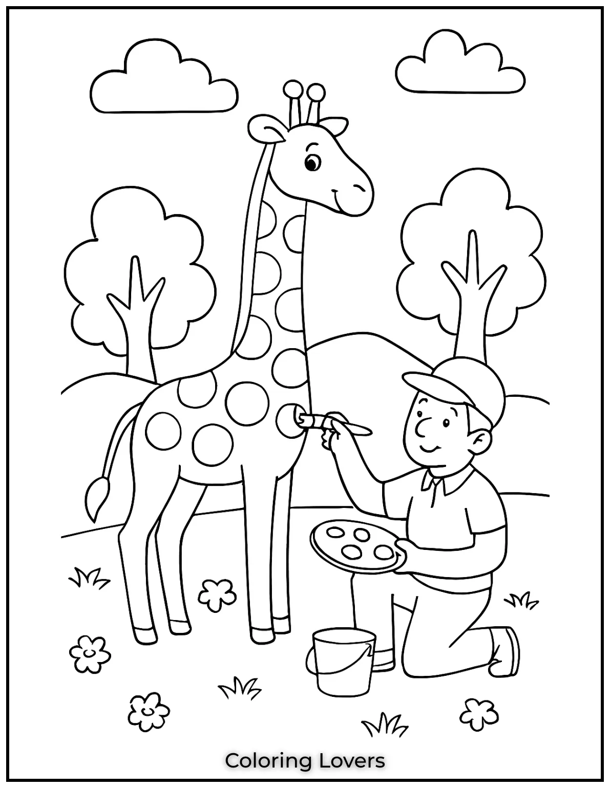 Amazing Giraffe Coloring Pages (Free Printables) 17 A giraffe stands patiently as a man paints its beautiful spots
