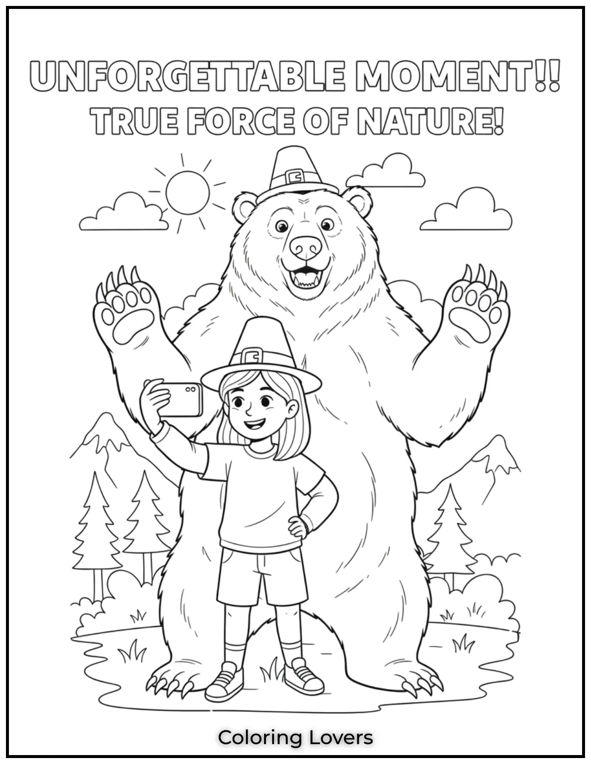 Cute and Classic Pooh Bear Coloring Pages 10 A girl holds up her phone for a selfie while a massive grizzly bear stands behind her. An unforgettable moment