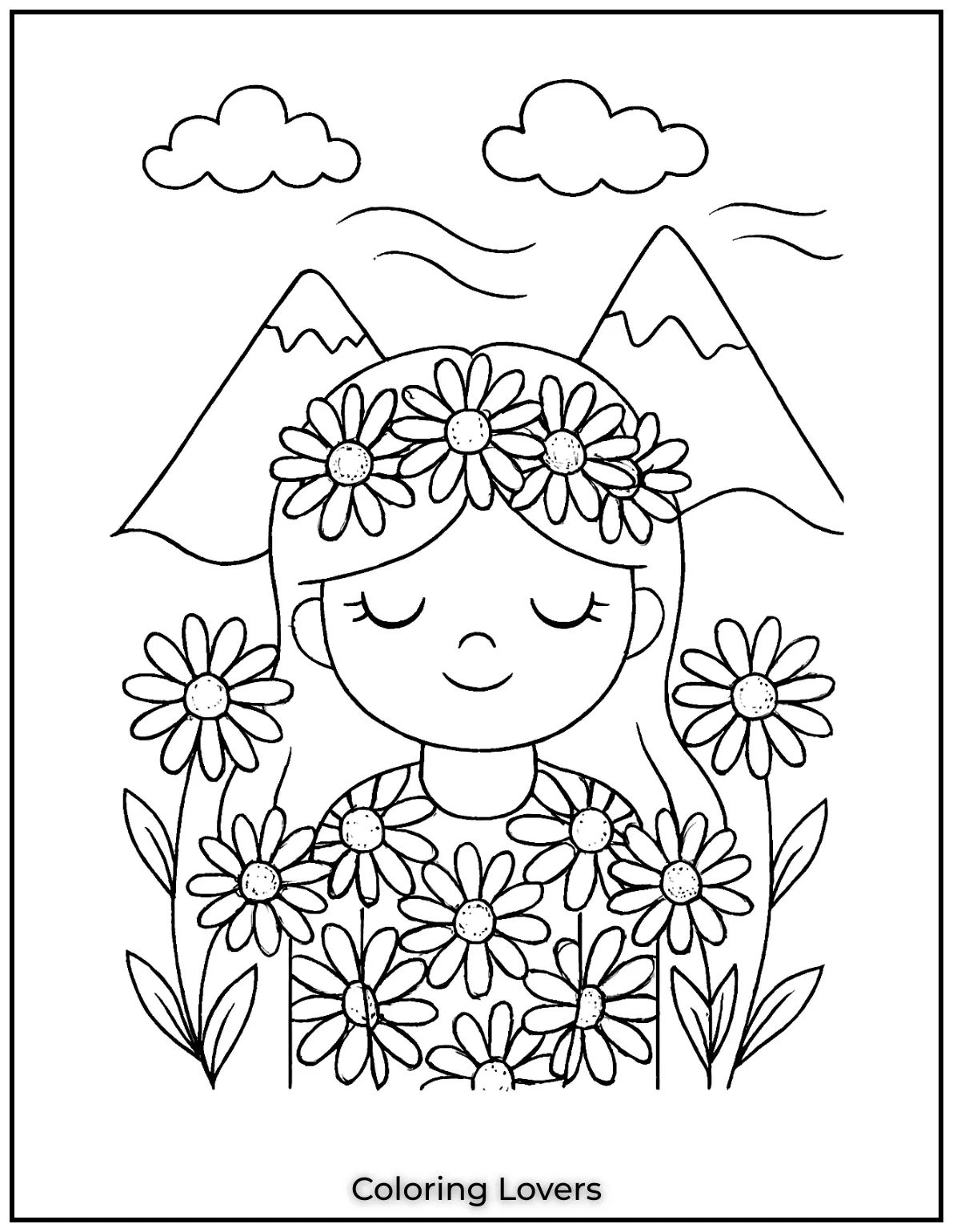 A girl with a daisy crown surrounded by flowers and mountains. I wanted this design to feel like a daydream where nature and happiness come together