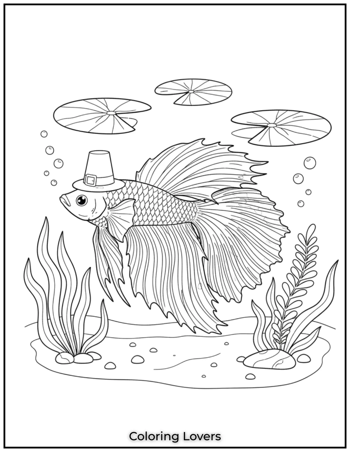 Fish Coloring Pages That Are Free to Downloads 10 A graceful betta fish swims near lily pads. Its tail fans out like a feathery wave