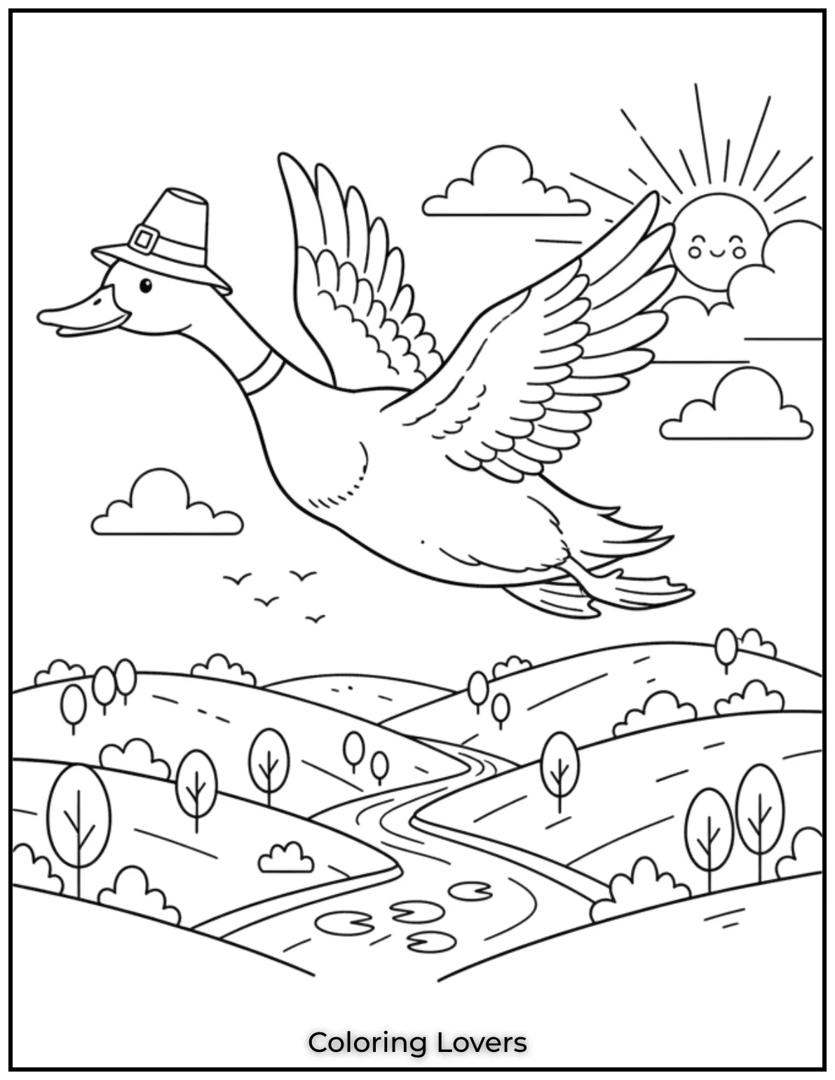 Duck Coloring Pages That Kids Like the Most 36 A graceful duck gliding over rolling hills a peaceful image inviting kids to explore nature with colors