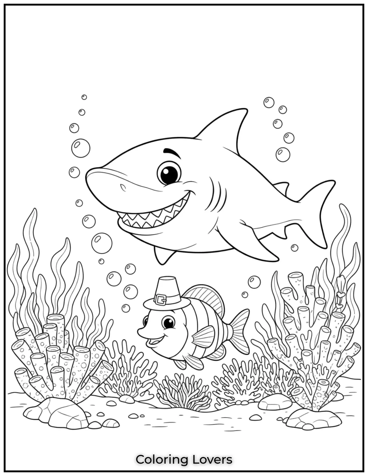 Fish Coloring Pages That Are Free to Downloads 32 A grinning shark glides above a striped fish in a coral filled scene. Theres plenty of personality packed into this friendly ocean duo