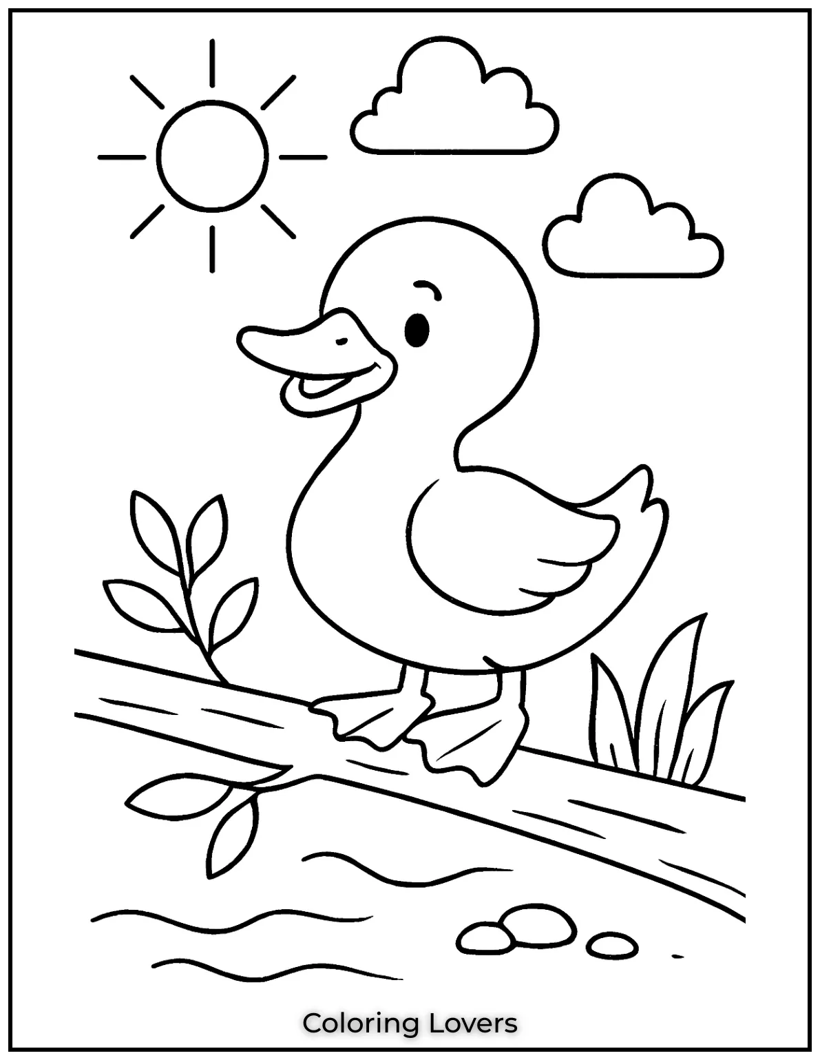 Summer Coloring Pages for Kids and Adults 19 A happy duck stands on a branch under a bright summer sky