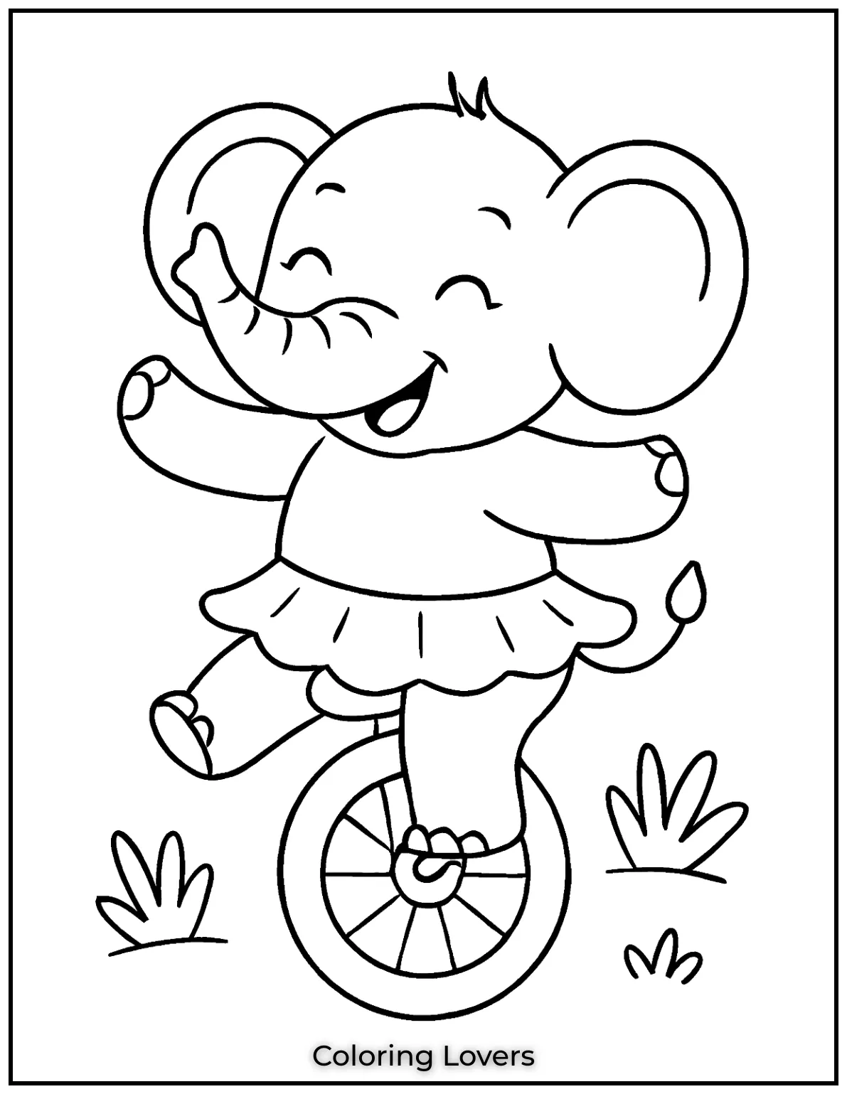 Unique Elephant Coloring Pages for Kids 10 A happy elephant riding a unicycle. This design brings lots of fun and joy for little artists 1
