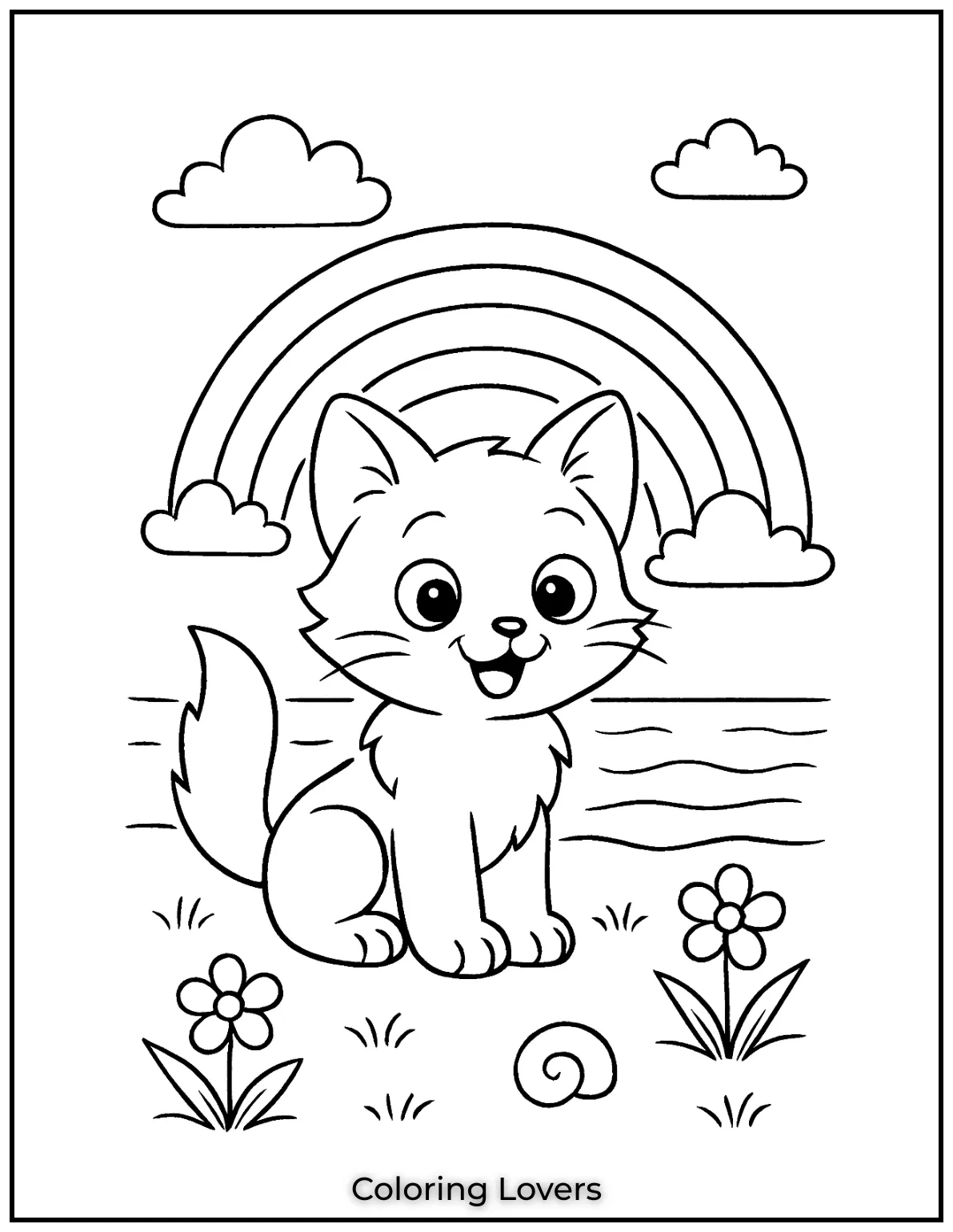 Kitten Coloring Pages – Free, Fun for Kids 19 A happy kitten sitting under a rainbow in this cute coloring page 1