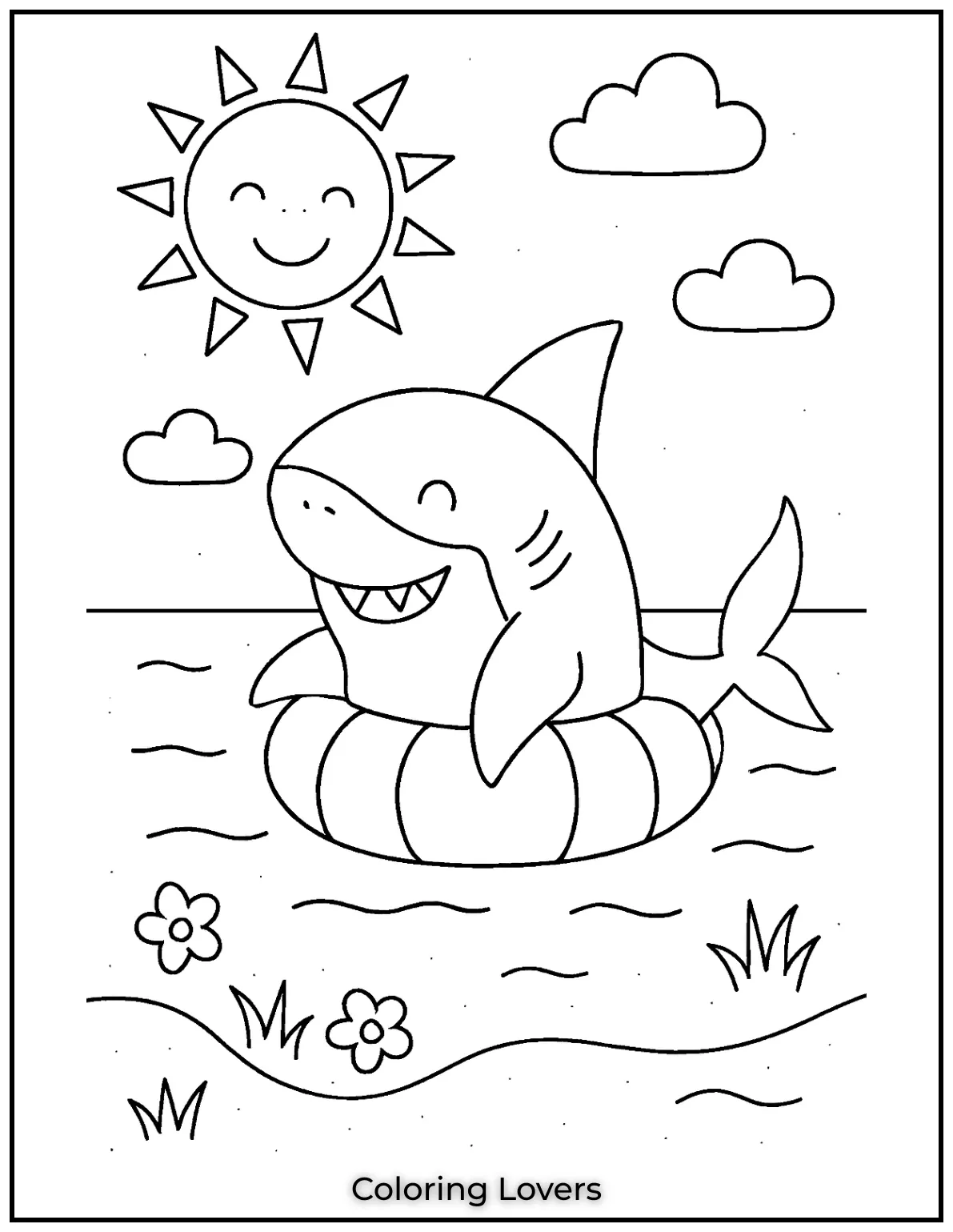 Summer Coloring Pages for Kids and Adults 11 A happy little shark floats in the sun on its striped pool ring