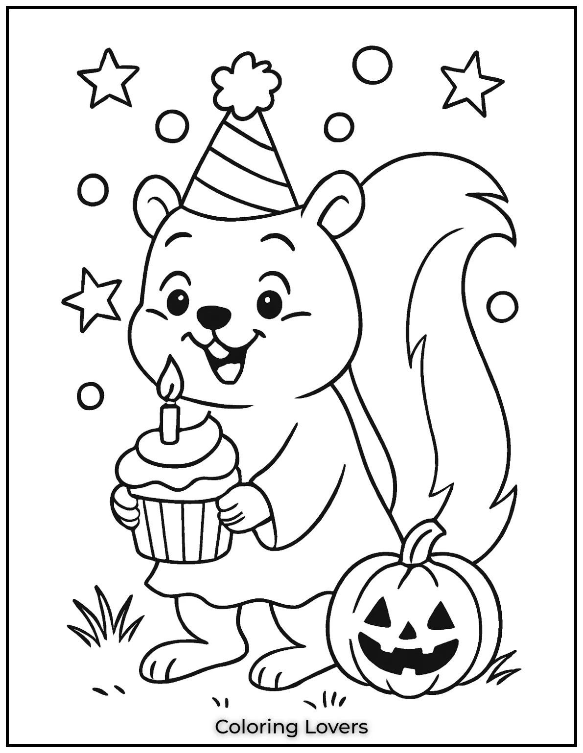 A happy squirrel is holding a cupcake with a candle for a birthday celebration