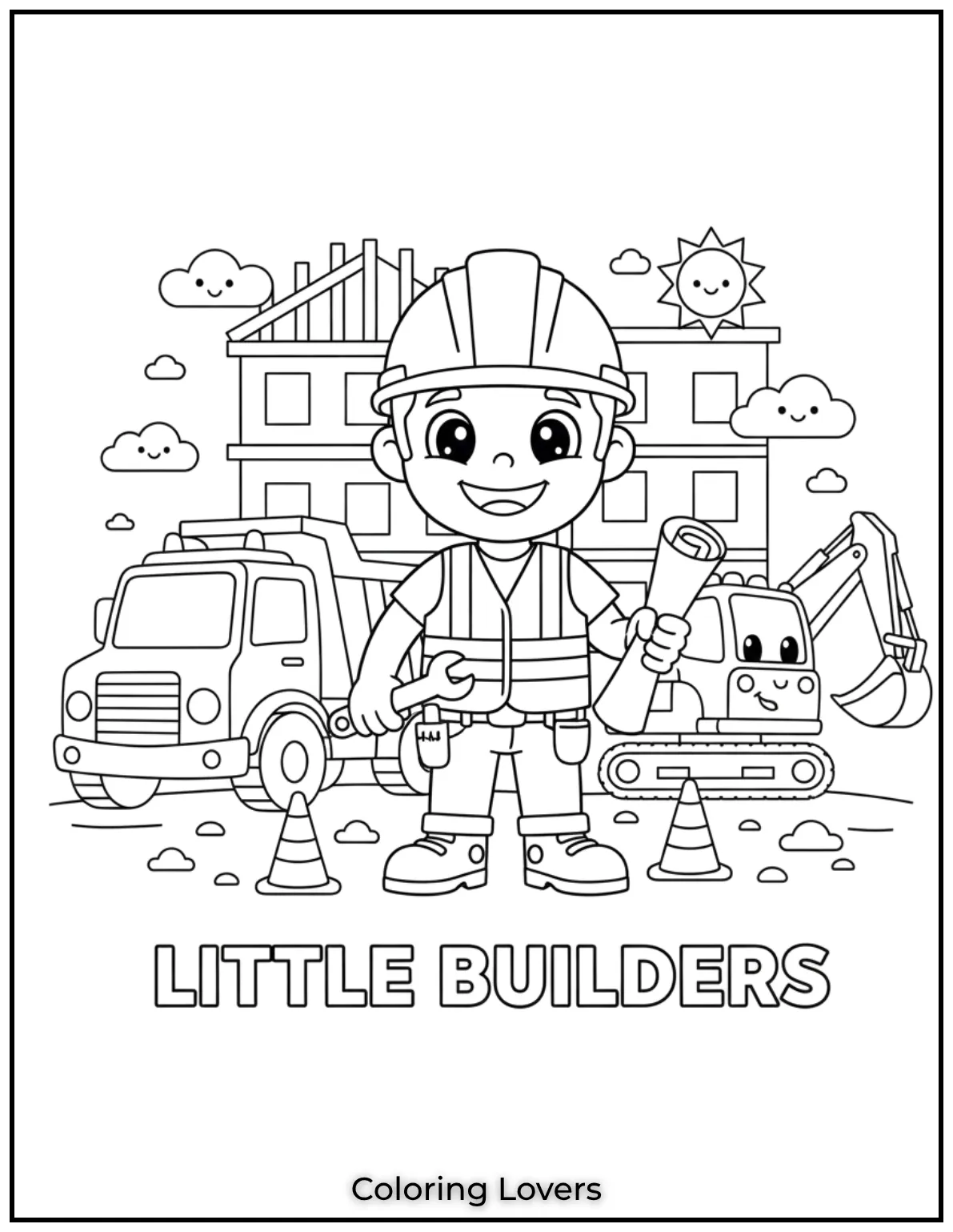 A hardworking construction worker with a tool in hand building the future. This coloring page is great for little builders