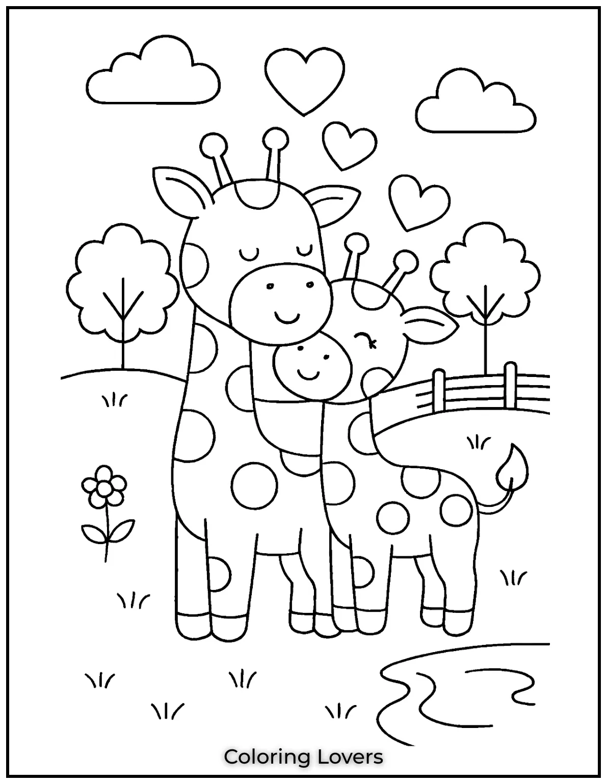 Amazing Giraffe Coloring Pages (Free Printables) 13 A heartwarming moment between a mother giraffe and her baby surrounded by love. A touching scene to color in bright shades