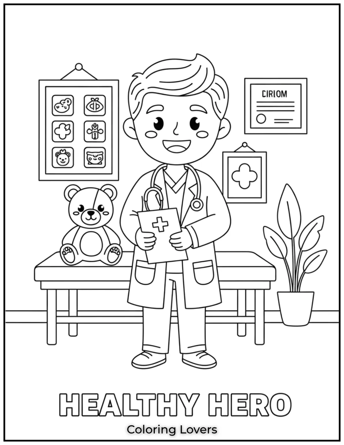A kind doctor with a stethoscope ready to take care of patients. This is a perfect addition to preschool coloring pages