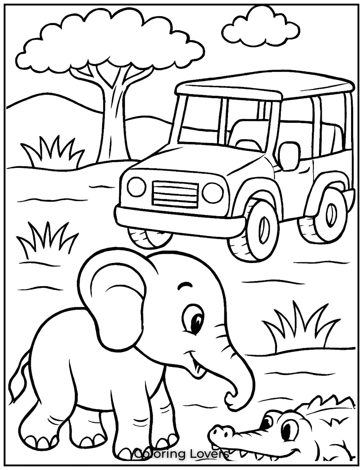 Unique Elephant Coloring Pages for Kids 30 A little elephant curiously approaches a safari car. A fun scene for kids to explore 1
