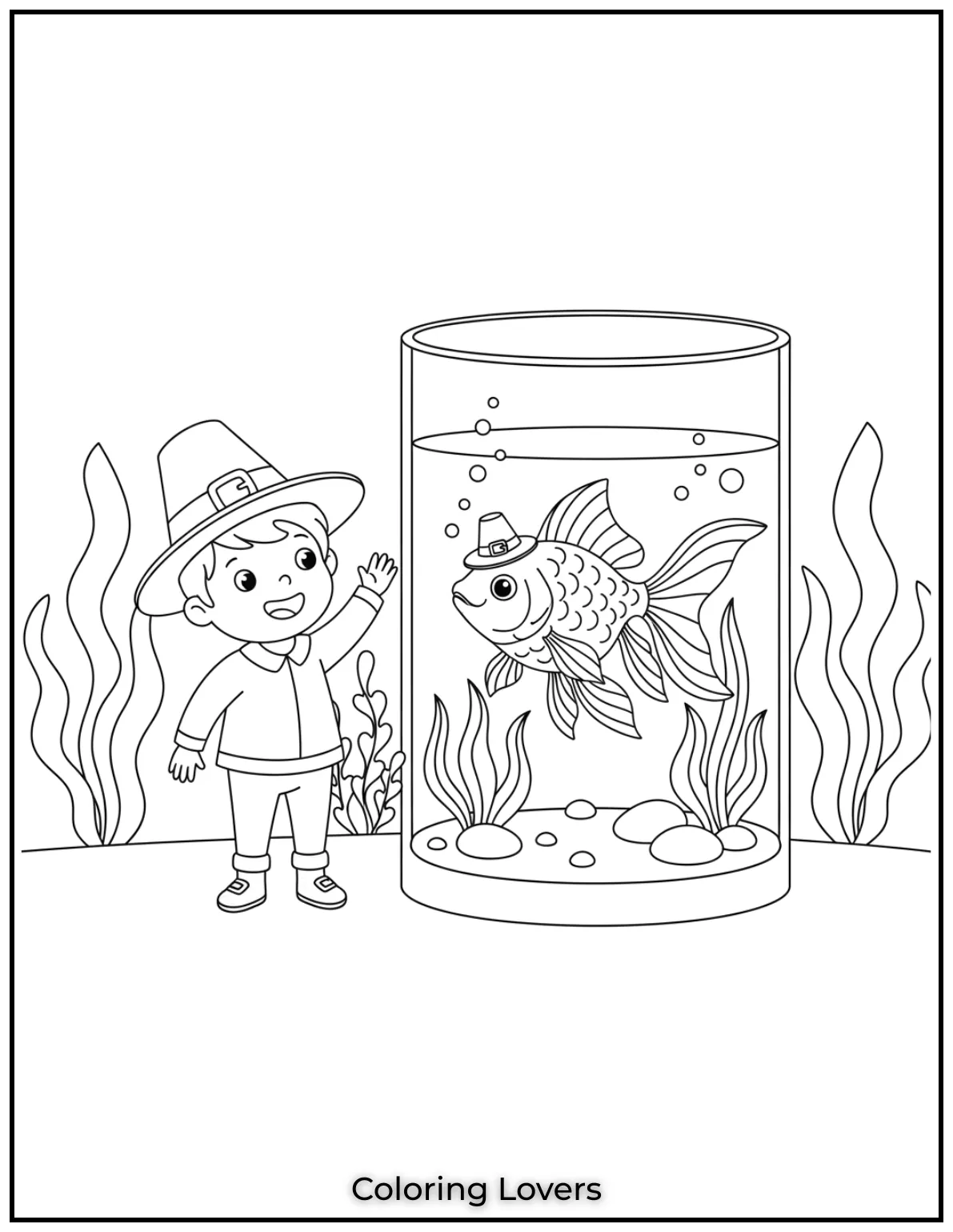 Fish Coloring Pages That Are Free to Downloads 13 A little kid waves to a fancy goldfish in a tall aquarium. Its a calm and curious moment