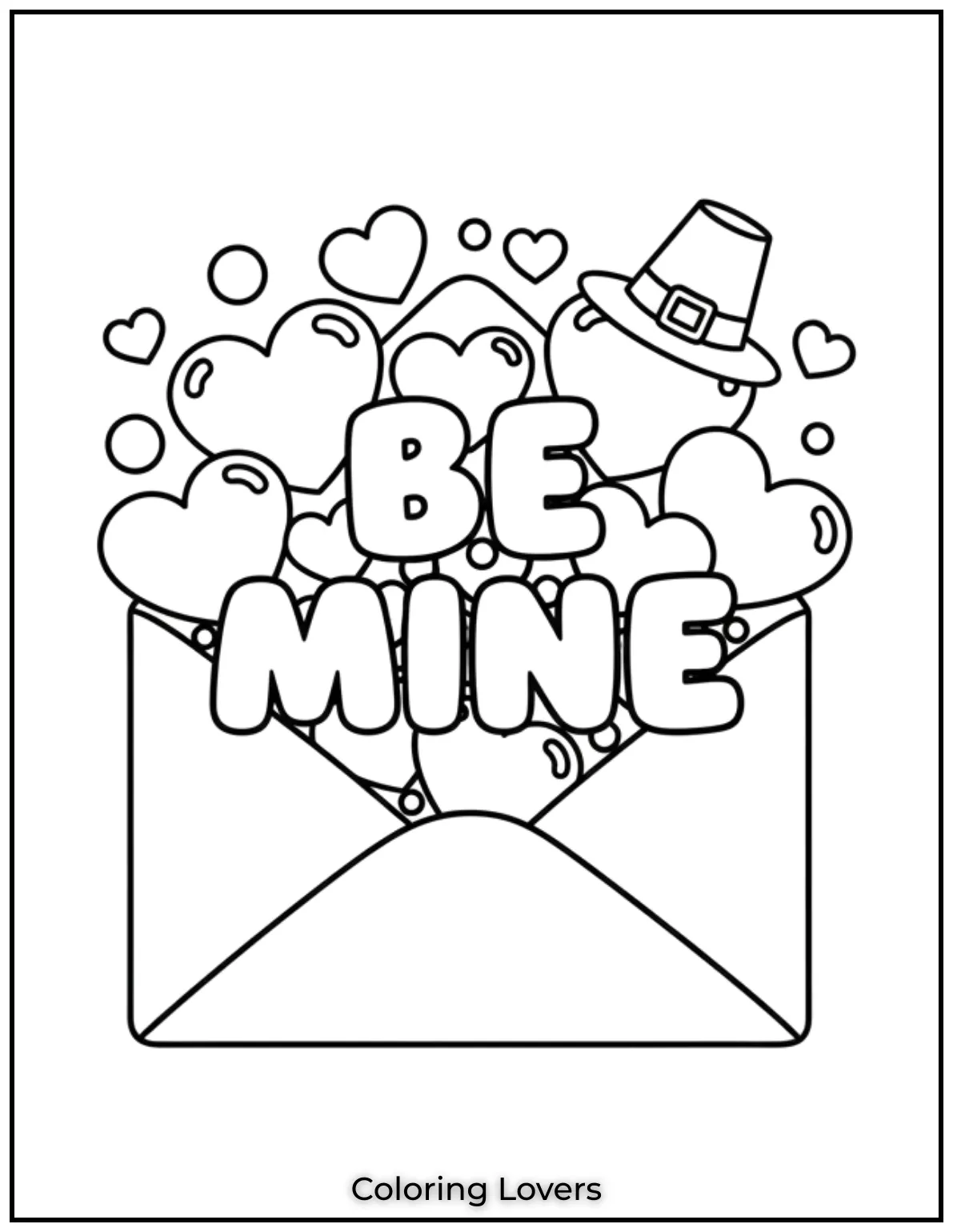 A lively design featuring an envelope brimming with hearts and the message Be Mine. Perfect for sharing love with Valentines Day coloring pages