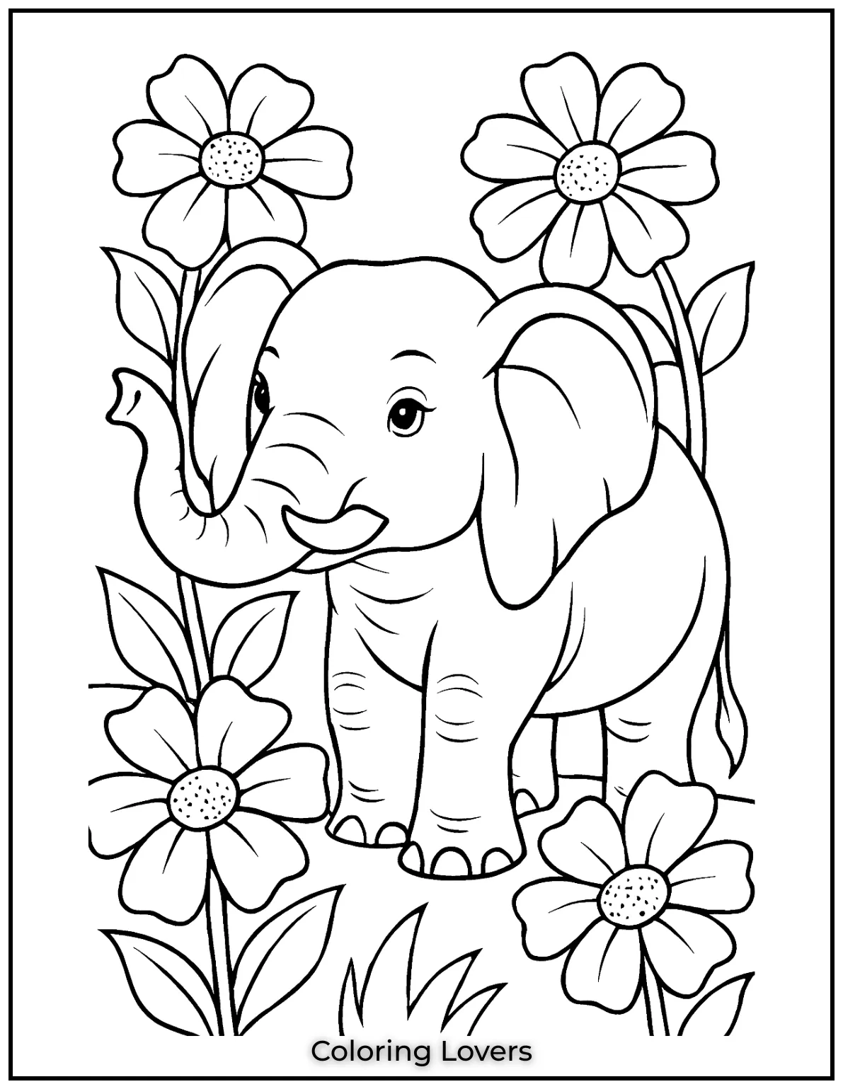 Unique Elephant Coloring Pages for Kids 36 A majestic elephant stands among giant flowers. A magical scene for kids to bring to life with colors 1