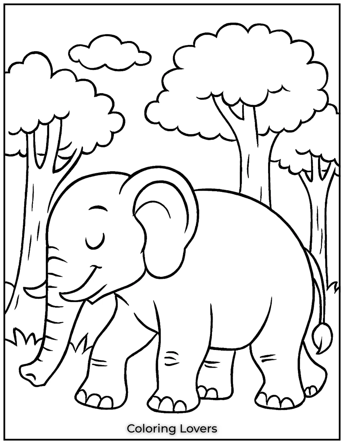 Unique Elephant Coloring Pages for Kids 27 A majestic elephant walking through tall trees. A calming nature scene for young artists to color 1