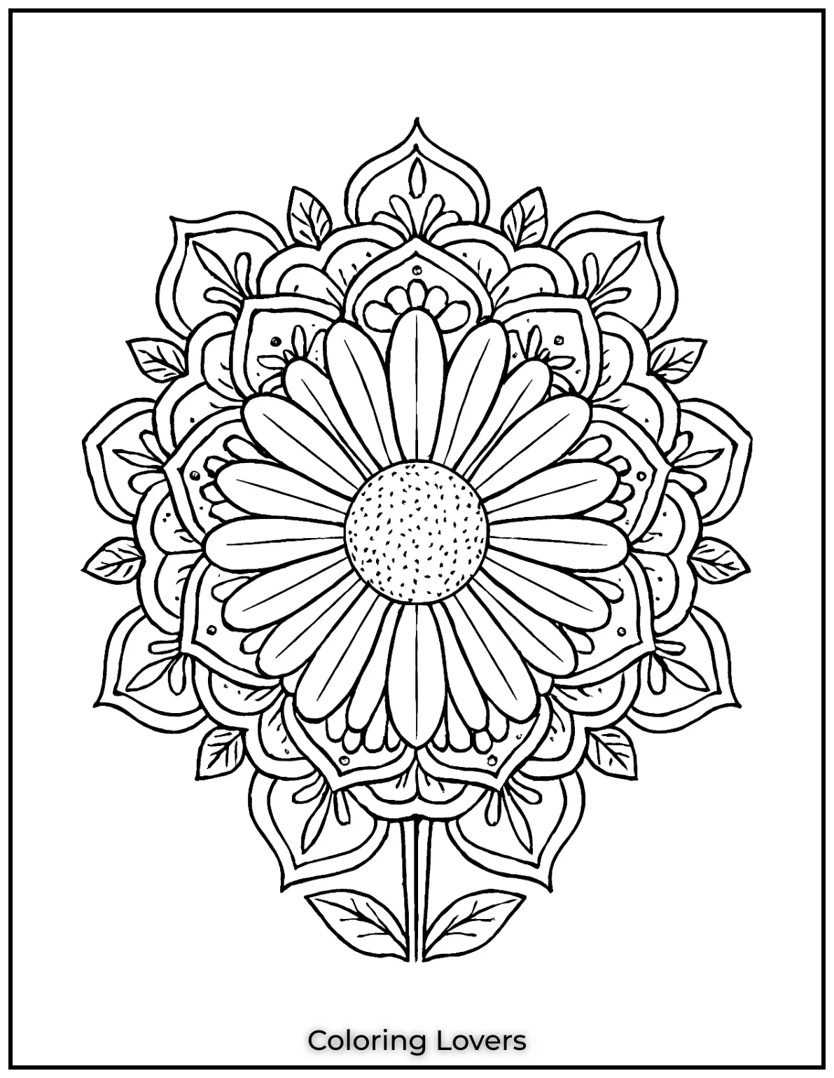 A mandala style daisy filled with intricate details for adults to enjoy. Its both calming and engaging to color