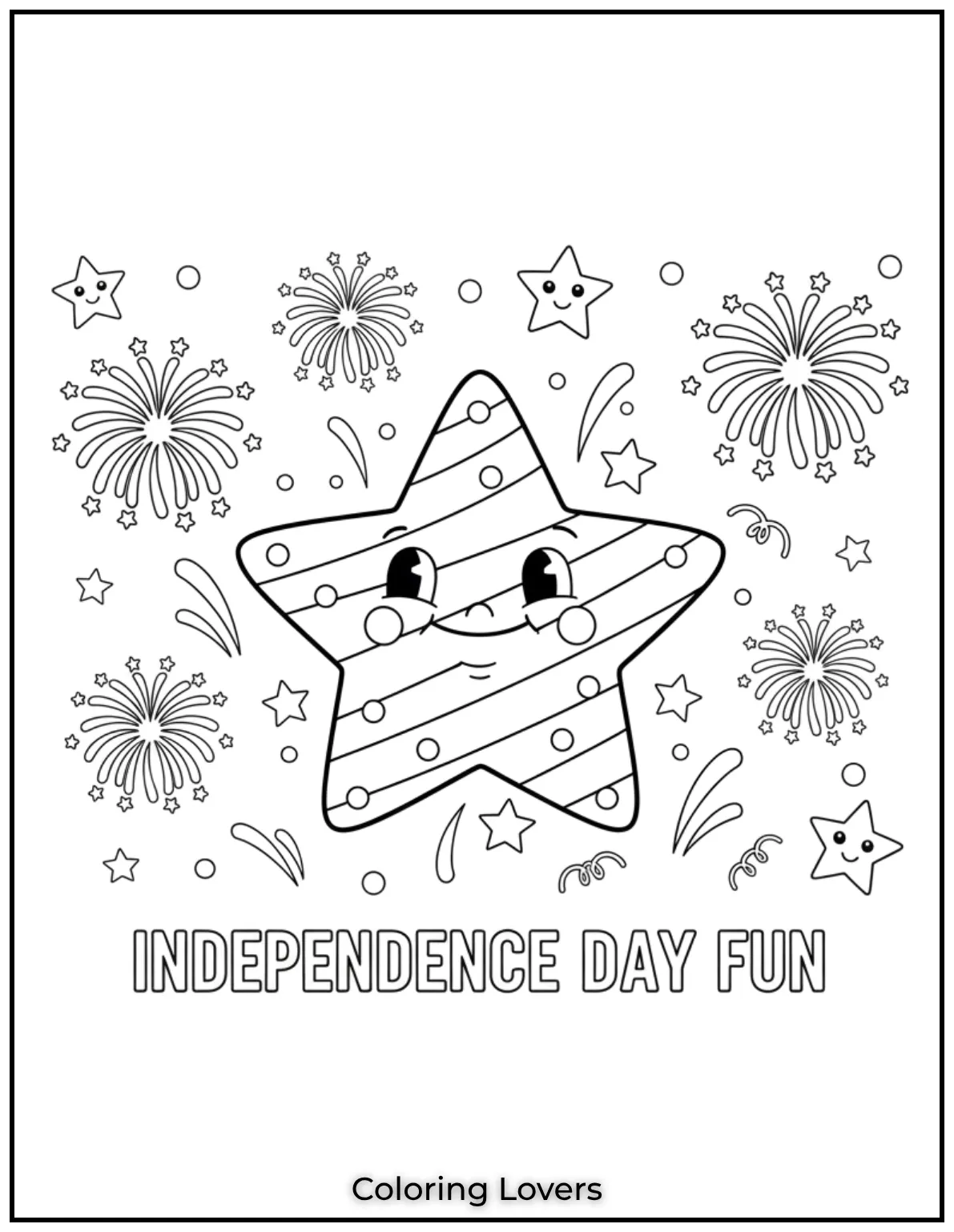 A patriotic smiling star with fireworks shining bright. A festive way for kids to enjoy Independence Day