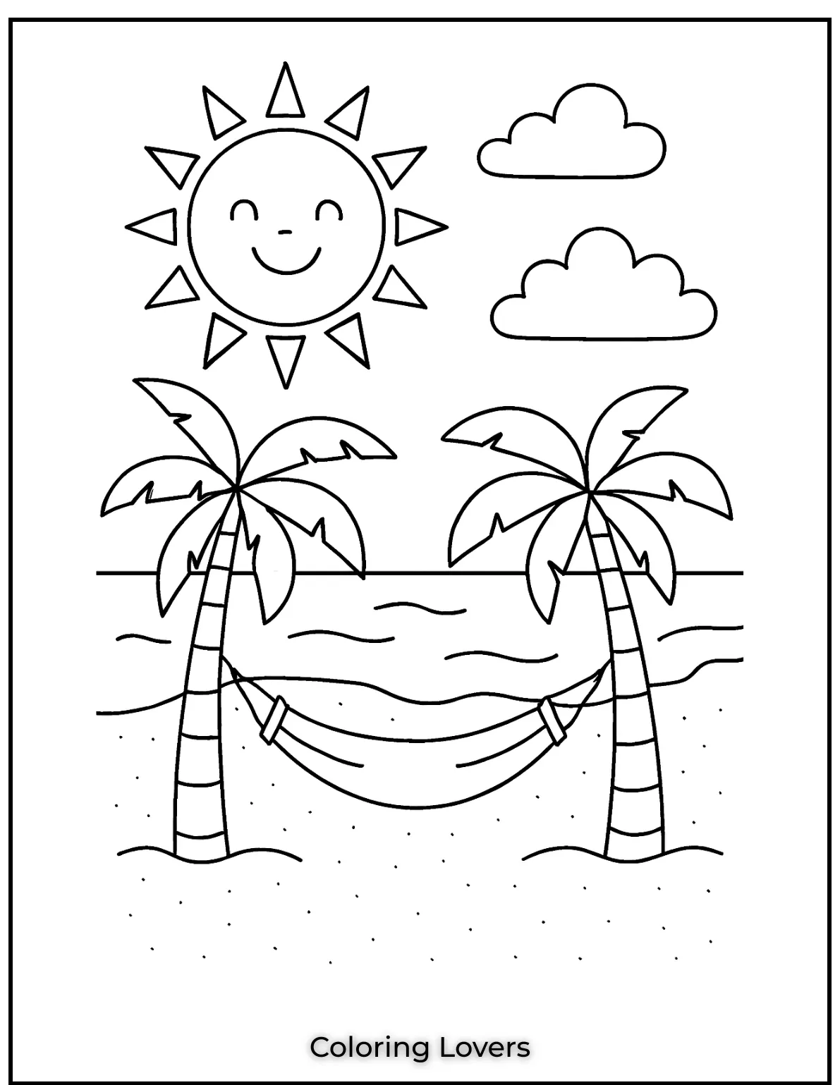 Summer Coloring Pages for Kids and Adults 3 A peaceful beach view with palm trees a hammock and the smiling sun